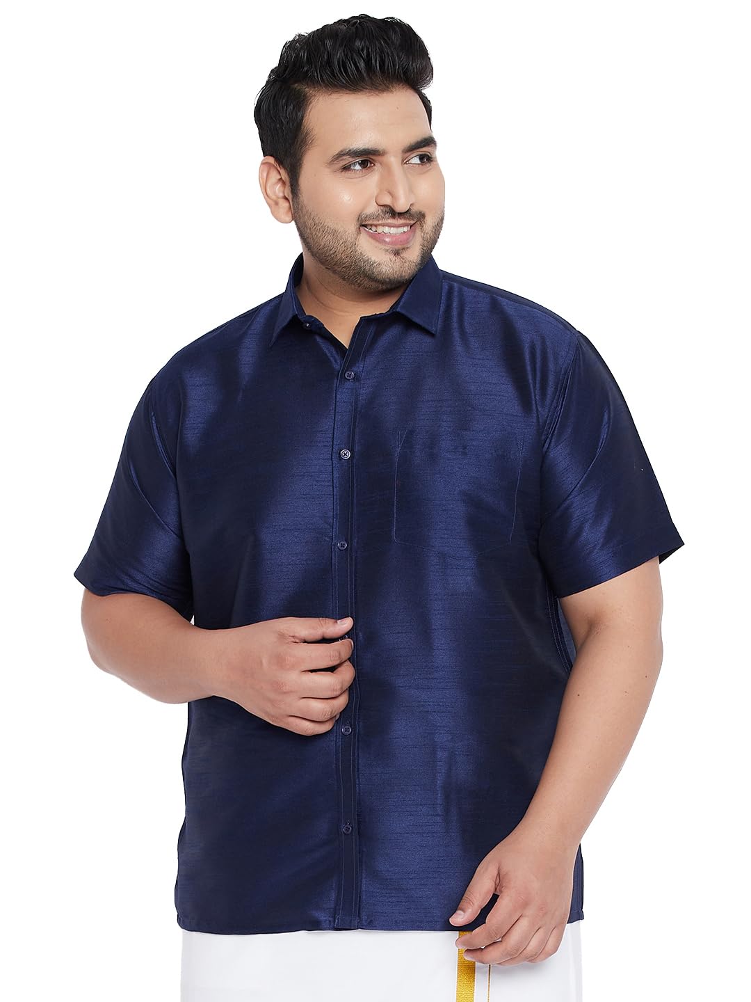 Vastramay Plus Men's Navy Blue Silk Blend Ethnic Shirt | Traditional South Indian Wear for Onam/Pongal Festival
