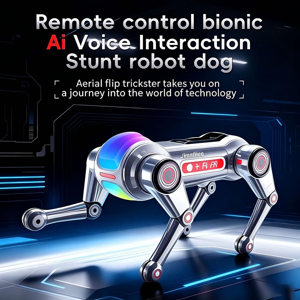 Perro robot inteligente con cesta de almacenamiento extraíble, juguete robot para niños de 3 a 12 años, control por voz, más de 30 acciones y opciones de programación, efectos de iluminación