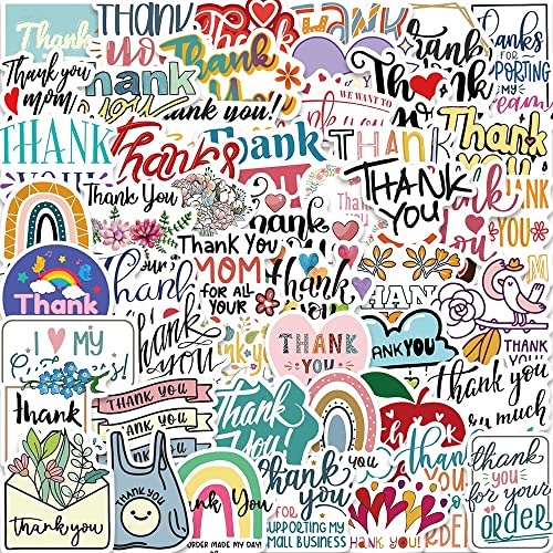 Yaroelrd Thank You Stickers 50 Sheets Water Bottle Waterproof Vinyl Decal Envelope Card Label Diary Gift Bag Packaging Scrapbook Laptop Kids Teen Adult Inspirational Friendship Decal, Multicolor #TOP17
