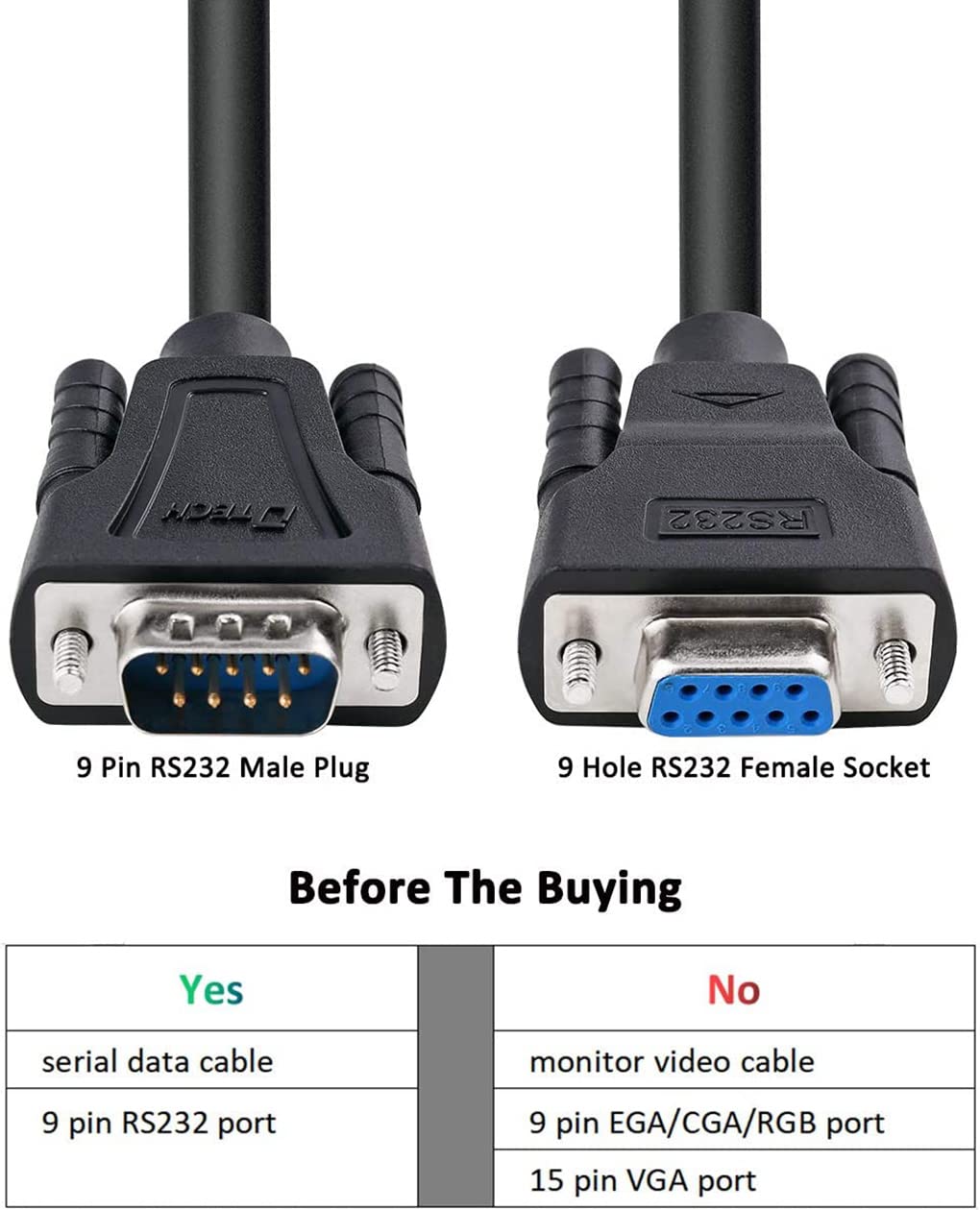 DTECH DB9 RS232 Cable serie macho a hembra módem nulo cable Full Handshaking 7Wire Crossover para comunicación de datos (1,5 m, negro)