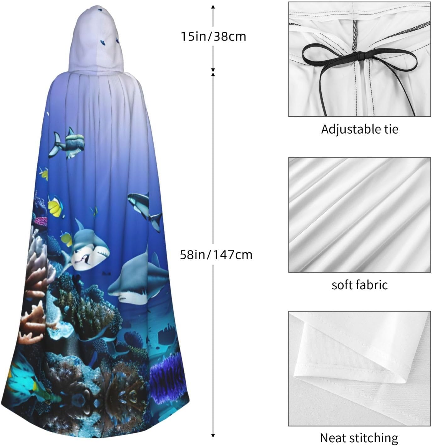 Shark Swimming Under the Sea print Hooded Robe Cloak For Adult Men Women,Wizard Witch Cape Cosplay Halloween Costume