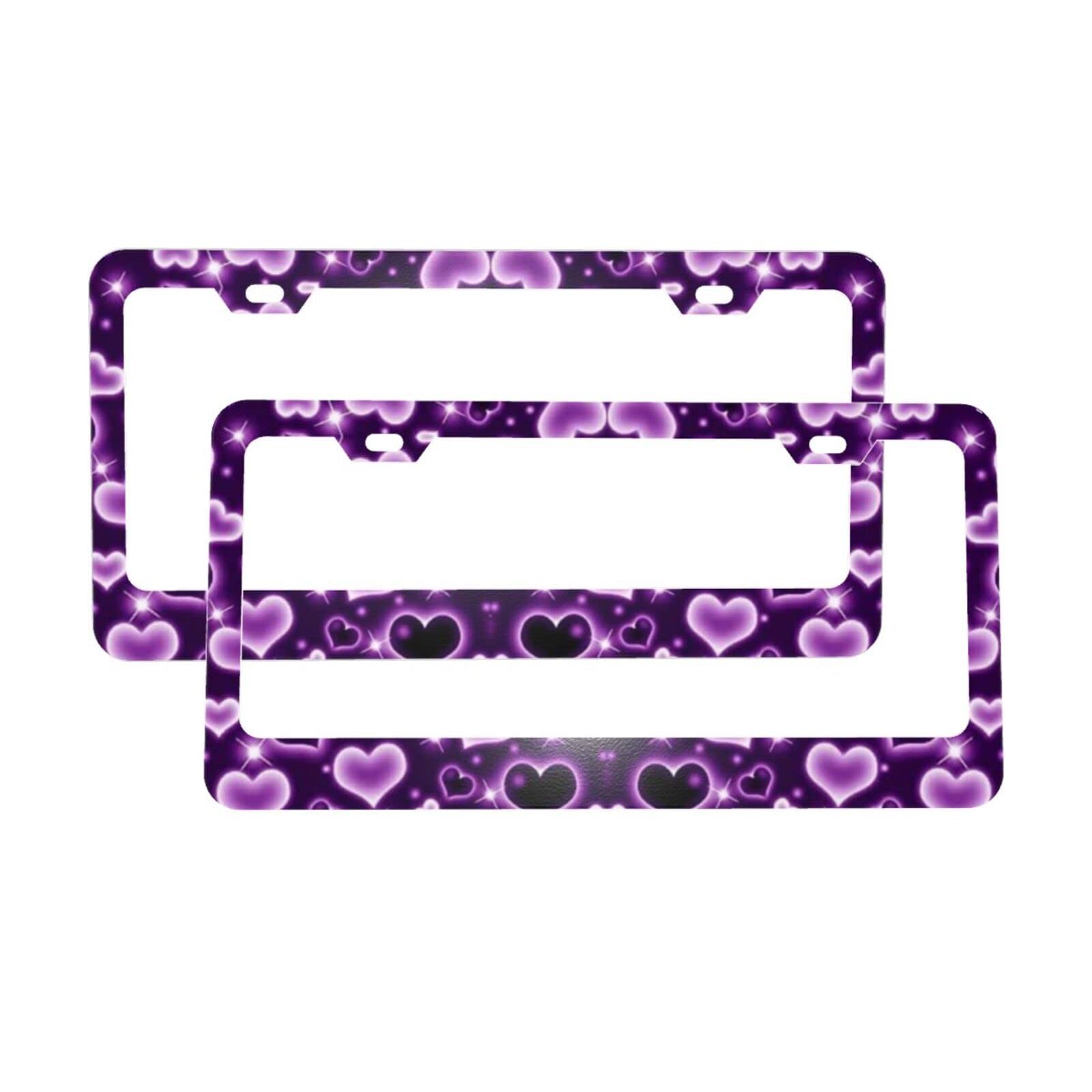 KiuLoamPurple Glitter Heart Aluminum License Plate Frames, Cars Tags Frames Holders with 2 Pack 2 Holes Car Accessories Decorative for Women & Men Vehicles