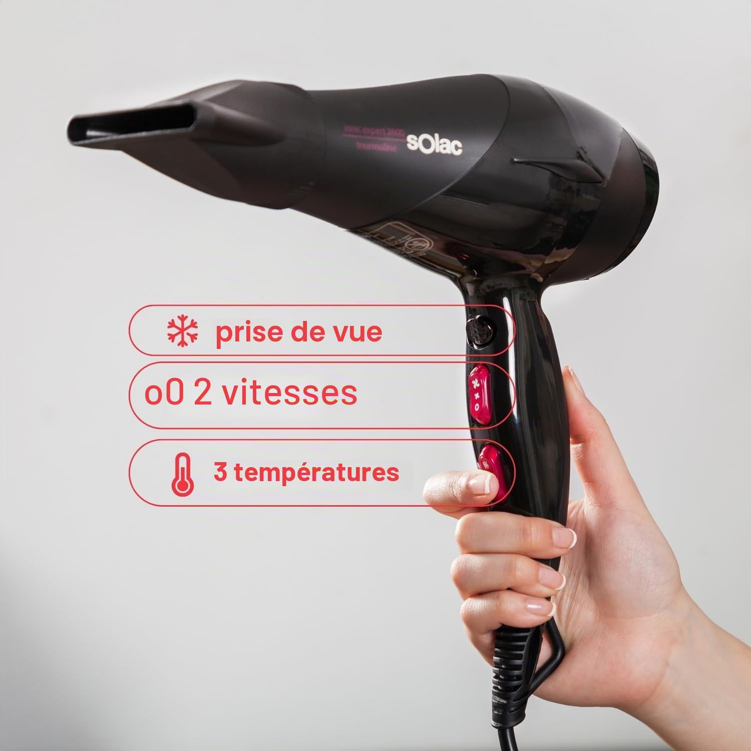 Solac - Sèche-cheveux SP7170 Expert 2600 Tourmaline, 2600W, 2 Vitesses + 3 Températures, Air Froid, Diffuseur, Fonction Ionique Anti-frisottis, Séchage Rapide, Câble 180 cm, Noir