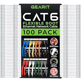 GearIT 100-Pack Cat6 Patch Cable 0.5 Foot / 6 Inches Cat 6 Ethernet Cable Snagless Flexible Soft Tab - Preimum Series - White