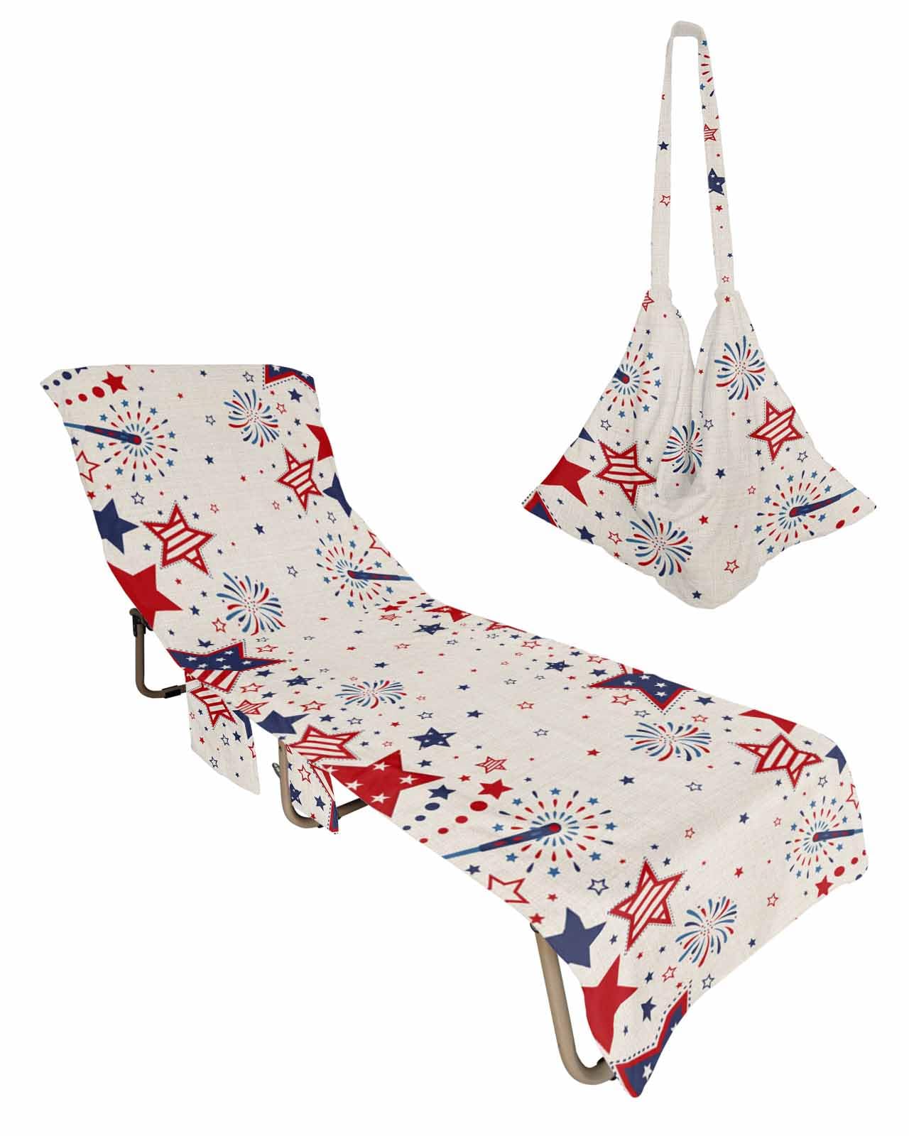 Red Blue Star 4th of July Beach Lounge Chair Towel Cover, Soft Chaise Lounge Towel with Side Pockets Patio Pool Chairs Cover for Beach/Pool Sunbathing 29x85 Independence Day Fireworks Rustic