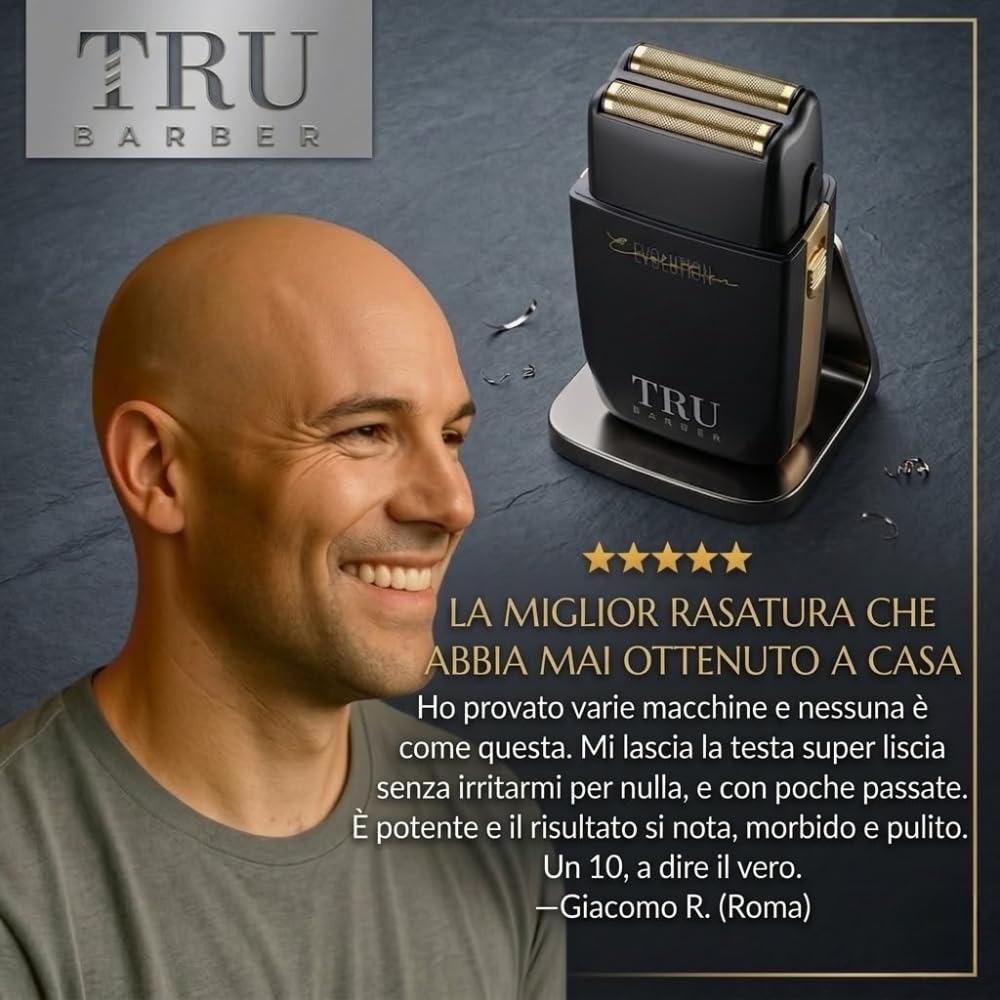 TRU BARBER Rasoio elettrico uomo professionale a lamina in titanio – Taglio preciso e veloce 9000 giri/min per barba, capelli e testa calva – Ideale per uso domestico e barbiere