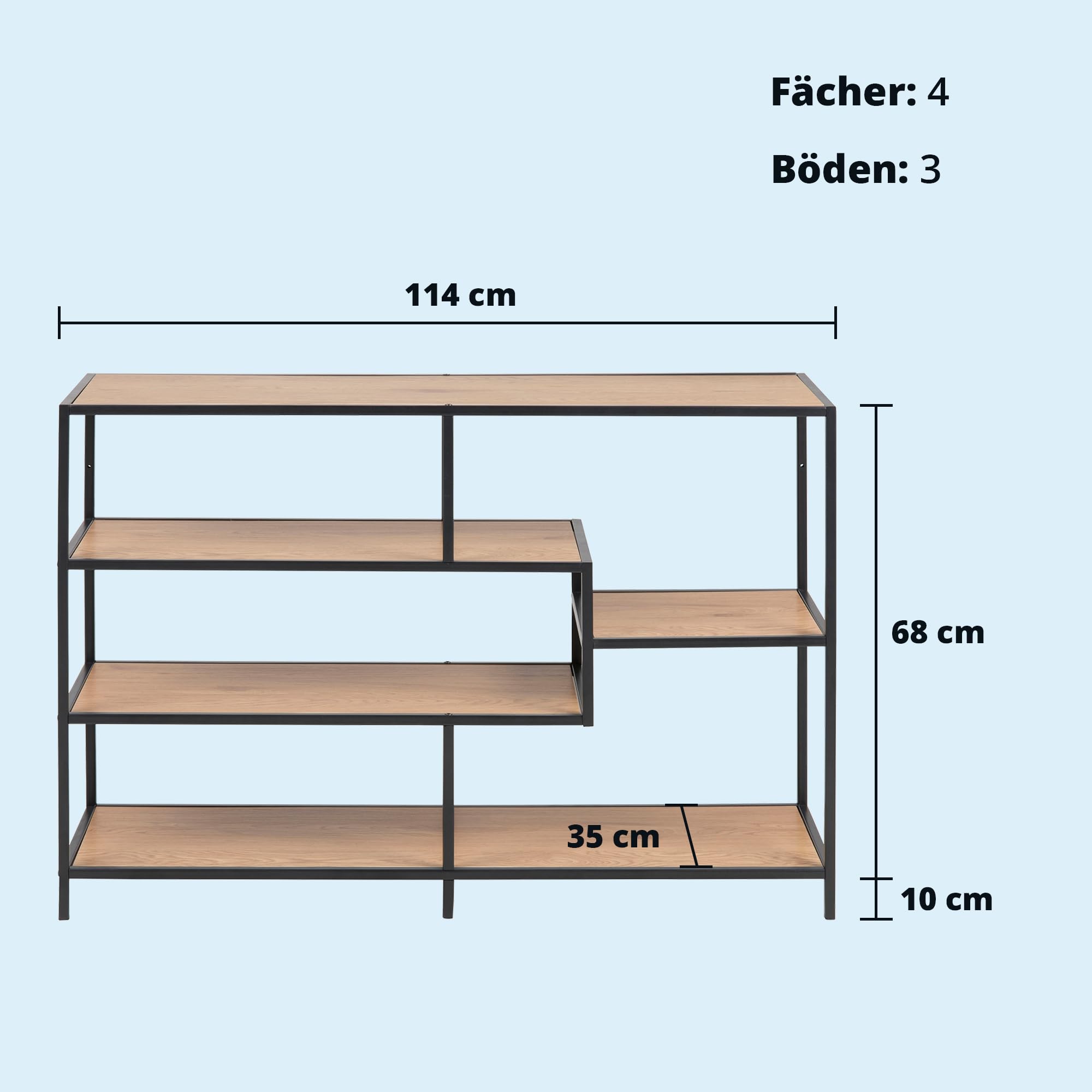 KHG asymmetrisches Regal, modernes Wandregal im Industrial Style, Standregal mit Metallgestell, Größe:114 x 78 x 35 cm, Holzwerkstoff foliert in Wildeiche, Korpus aus Metall pulverbeschichtet