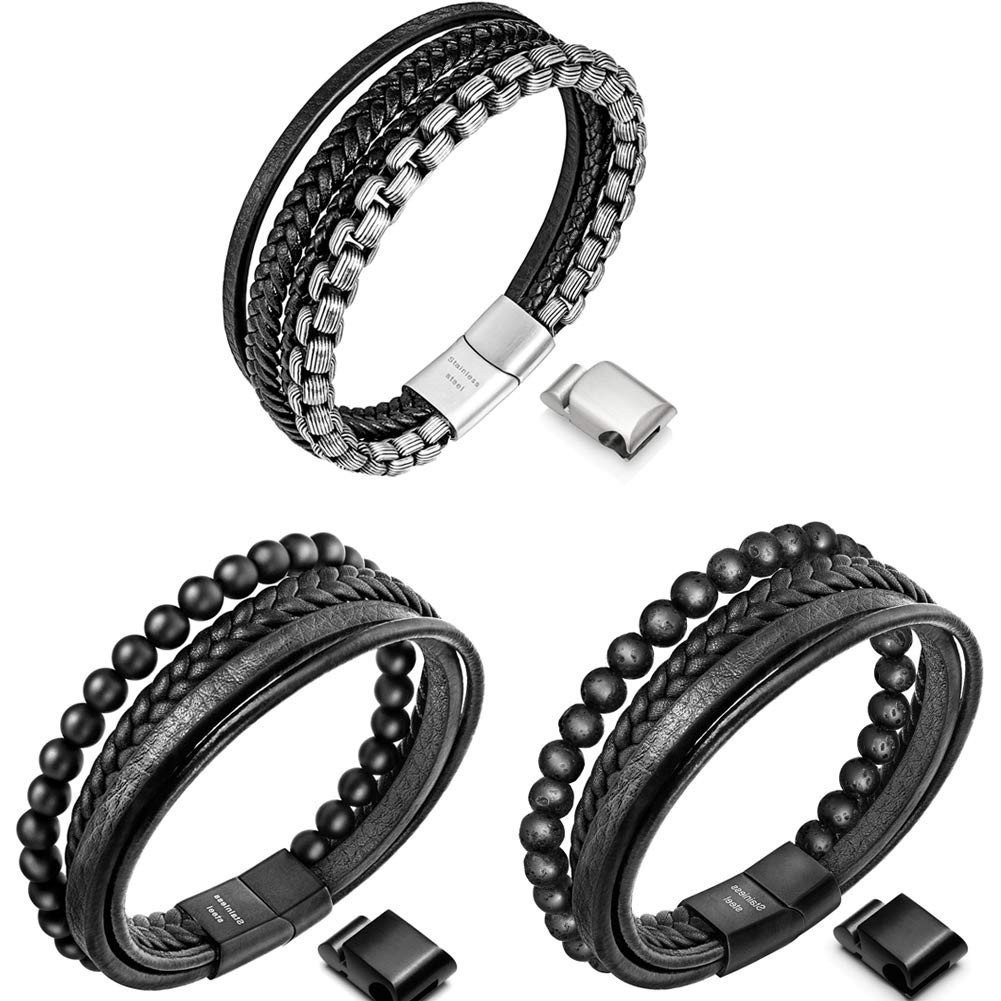 Speroto Mens Bracelets,leather steel bracelets and leather bead bracelets for men, 3 Bracelets in 8.7inch,