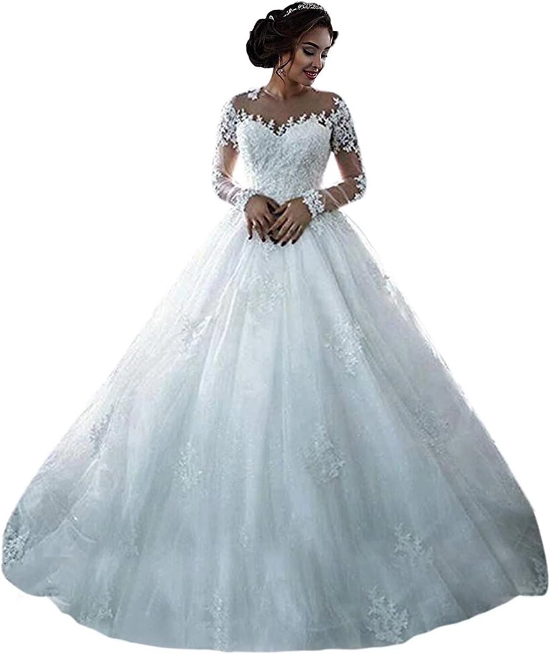 RYANTHNew Women's Long Sleeves O Neck Lace Ball Gown Wedding Dress Bridal Gowns R12