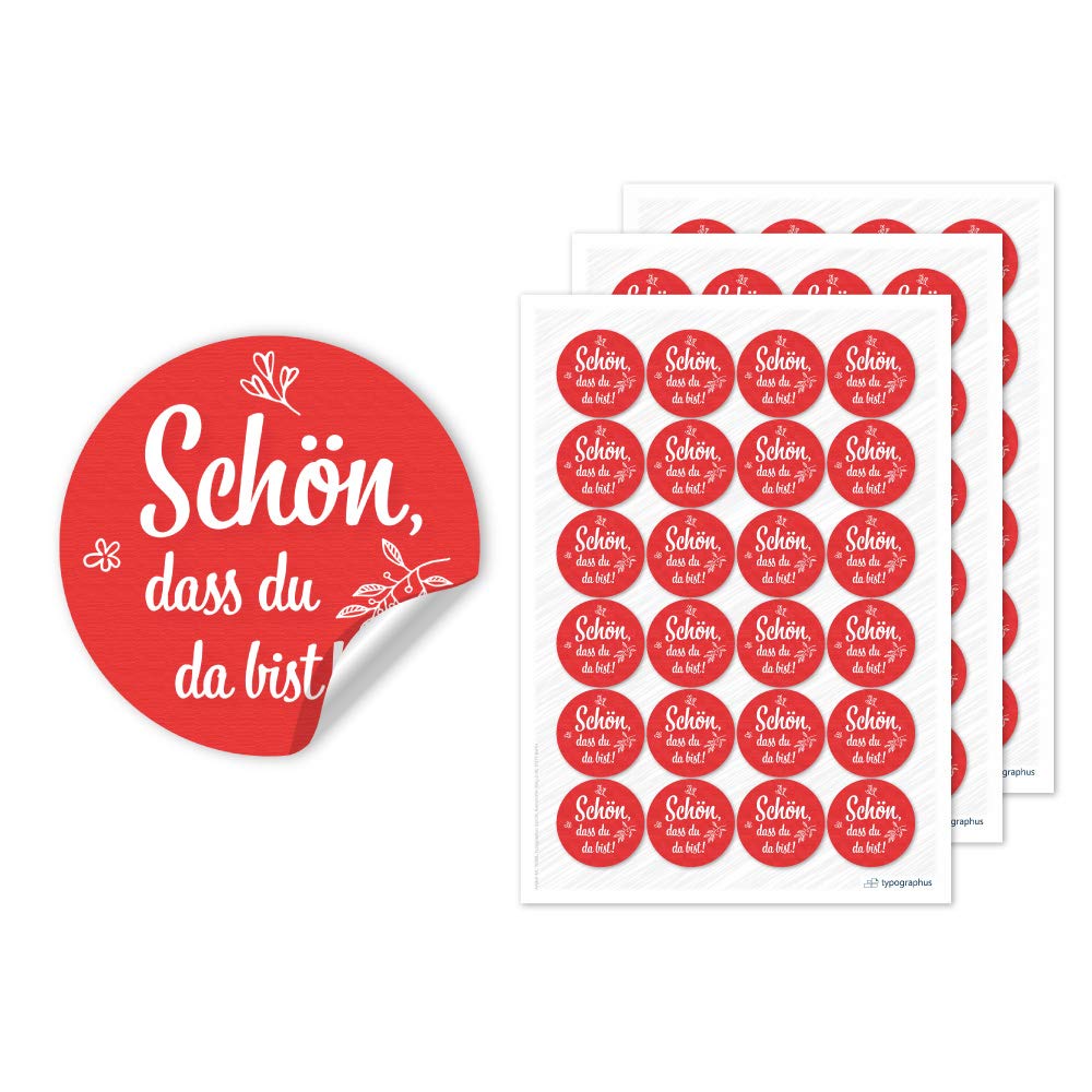 typographus Schön dass du da bist Stickers Red 4 cm Diameter with Branches - Pack of 72 - Wedding Sticker Labels for Party Favours & Table Decoration