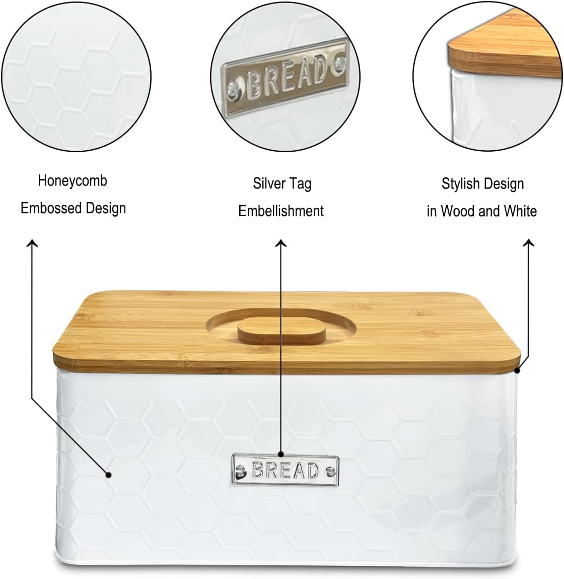 vensovo Bread Box for Countertop – Large White Metal Bread Bin with Bamboo Cutting Board Lid, Farmhouse Bread Storage Container for Homemade Bread, Baked Goods & Kitchen Counter Organization