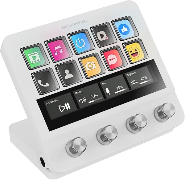 Mars Gaming MSD-PRO, Control Deck, 10 LCD-Tasten und 4 Anpassbare Drehregler, Erweiterter Animierter Touchscreen, Verstellbare Basis, Steuerungssoftware, USB-Hub mit 2X USB 3.0 + 1x USB-C, Weiß - 1