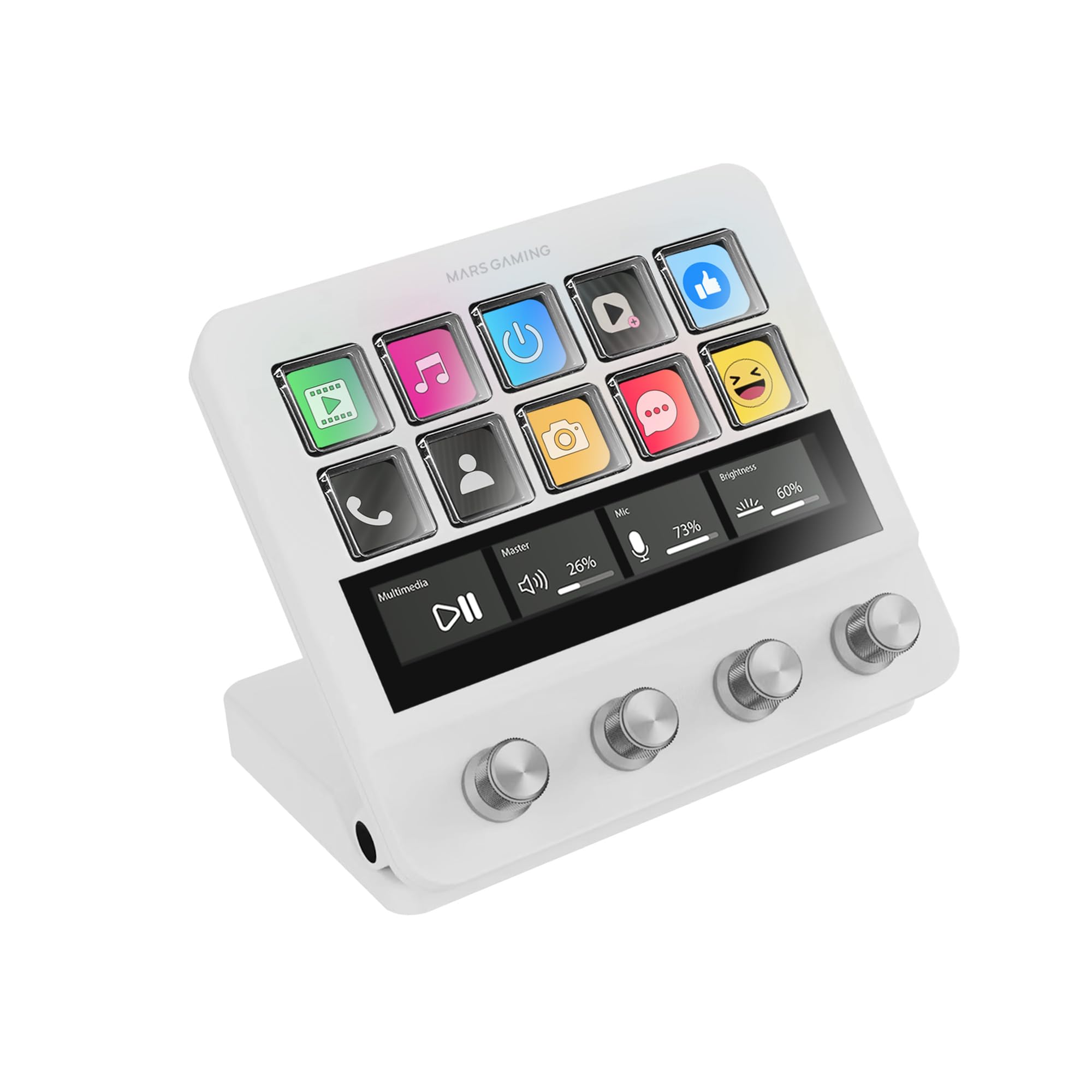 Mars Gaming MSD-PRO, Control Deck, 10 Tasti LCD e 4 Manopole Personalizzabili, Schermo Tattile Esteso Animato, Base Regolabile, Software di Controllo, Hub USB con 2X USB 3.0 + 1x USB-C, Bianco