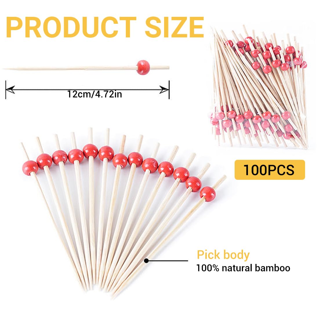 12cm stuzzicadenti cocktail, 100 pezzi, bastoncini da cocktail legno, con perline rosse, stecchini per aperitivo,stuzzicadenti decorativi,per bar,feste di carnevale,feste decorativi