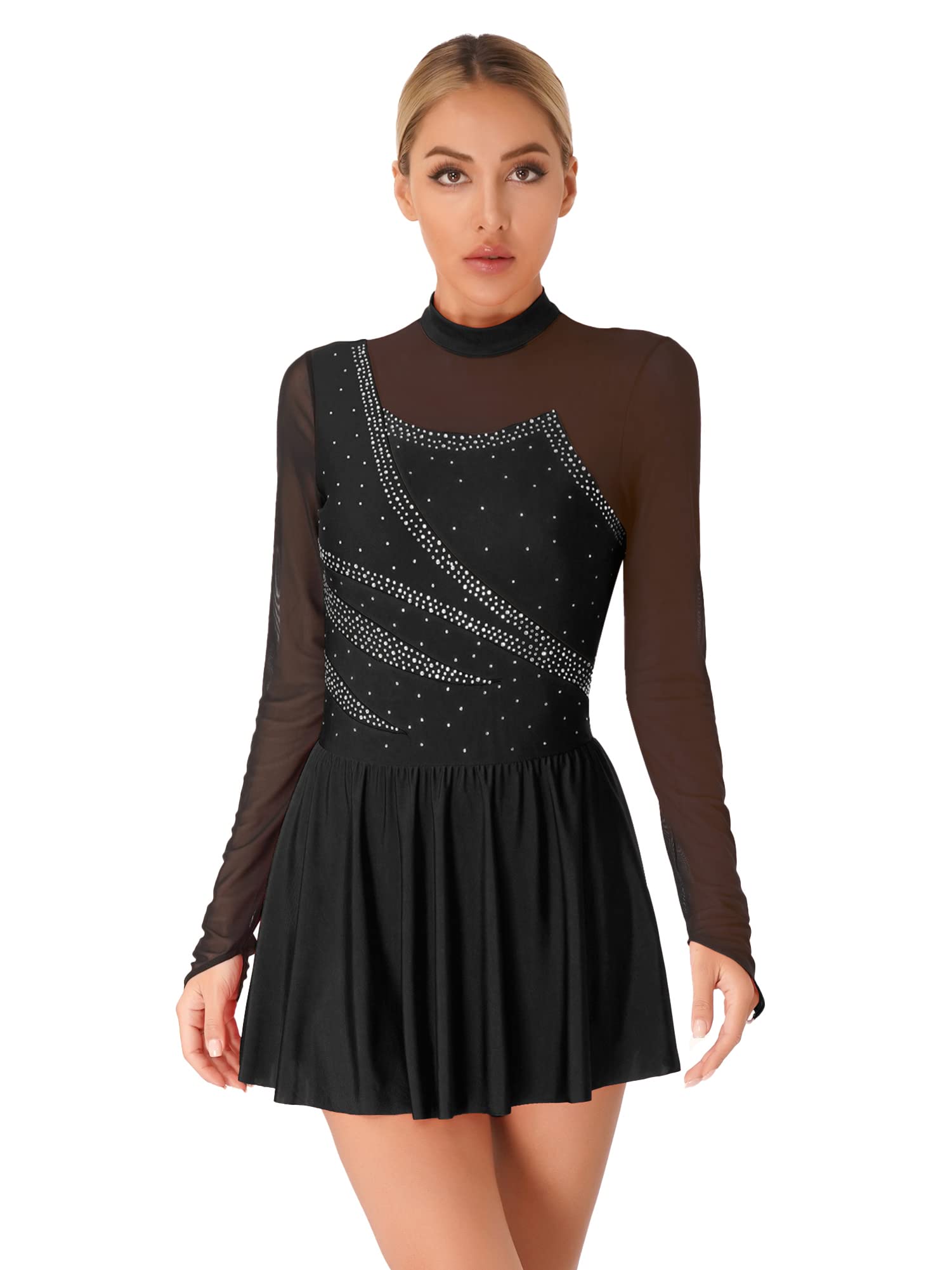 iEFiEL Damen Langarm Ballettkleid Eiskunstlauf Kleid mit Glitzer Kristallen Ballettkleidung Gymnastik Leotard Turnanzug Tanzkostüm