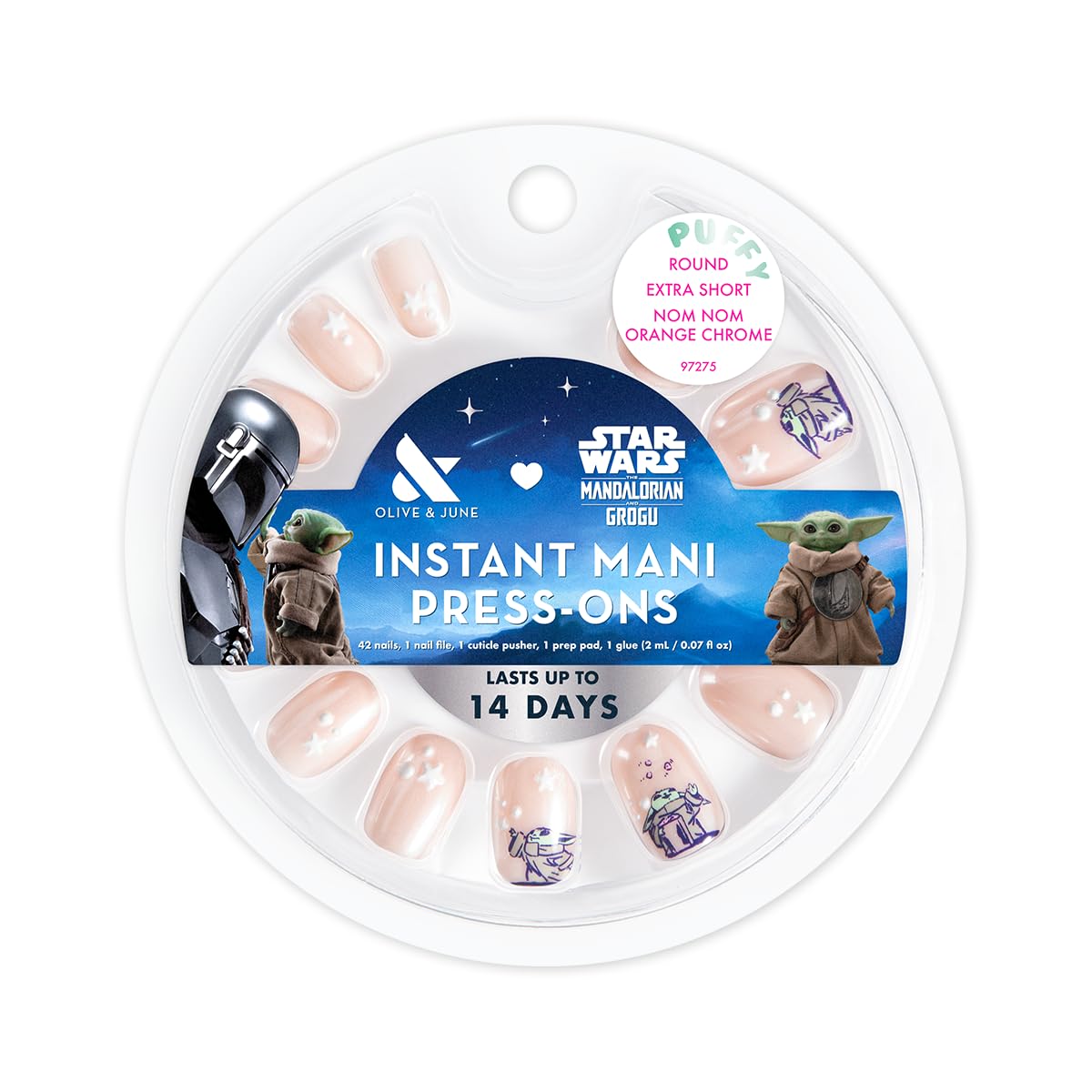 Olive & June Instant Mani Press-On Nails (Glue) | Star Wars: The Mandalorian & Grogu | 42 Fake Nails, 21 Sizes | Non-Toxic, Long-Lasting Up to 14 Days | Extra Short, Round | Nom Nom Orange Chrome