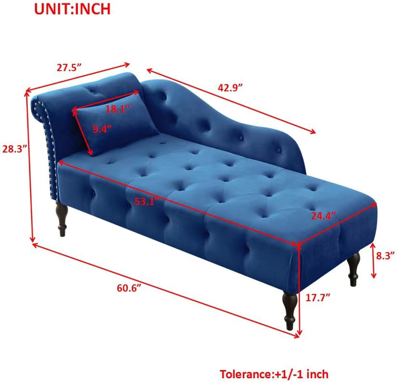Chaise Lounge Chair Indoor, Velvet Comfy Sofa Chair with Storage Space & Button Tufted Design, Upholstery Modern Armchair with Rivet, Cozy Small Couch for Living Room, Bedroom(60.6" W, Blue)