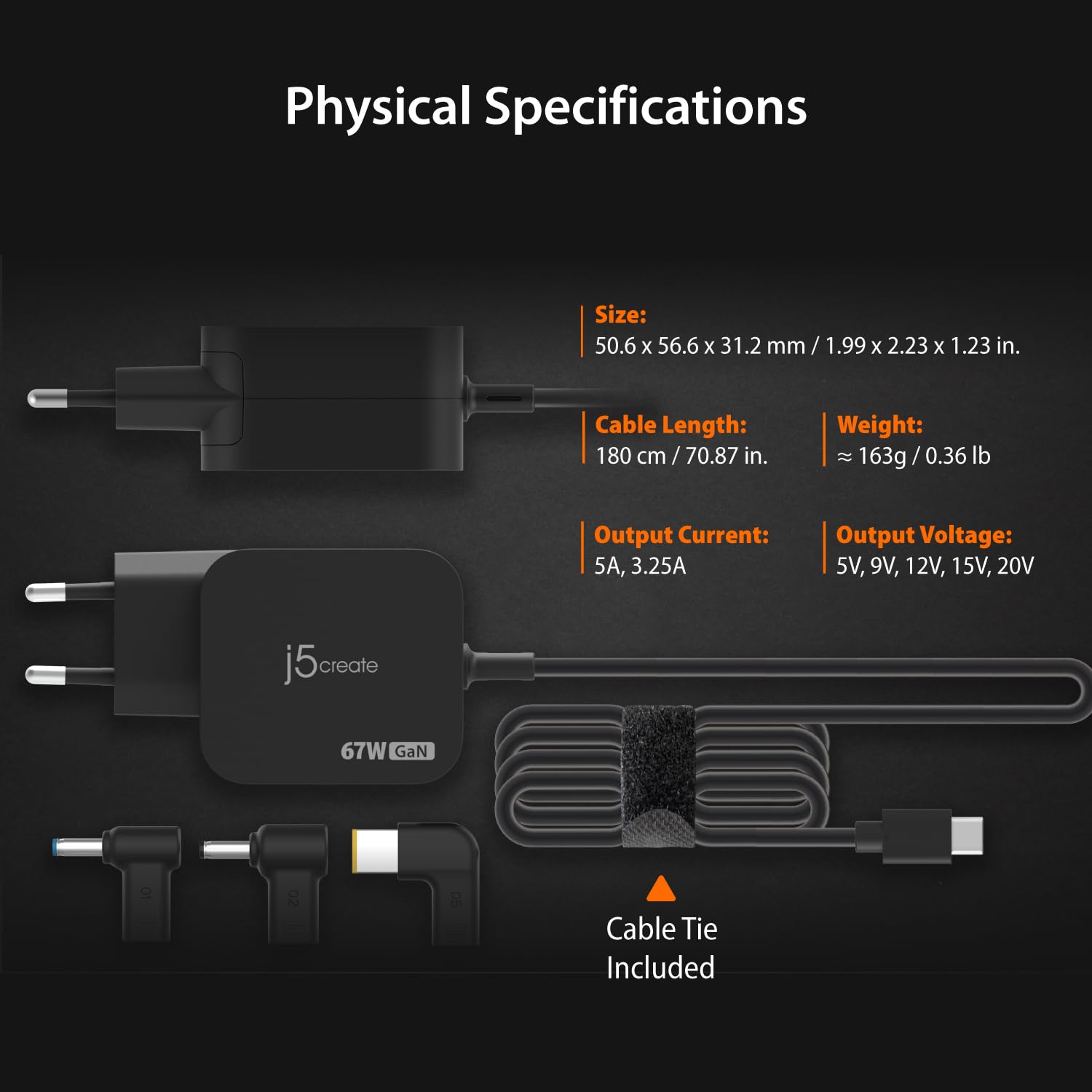 j5create 67W USBC mini caricabatterie con DC, adatto per il computer portatile alimentato USBC e il computer portatile alimentato DC (JUP1565DCE3A)
