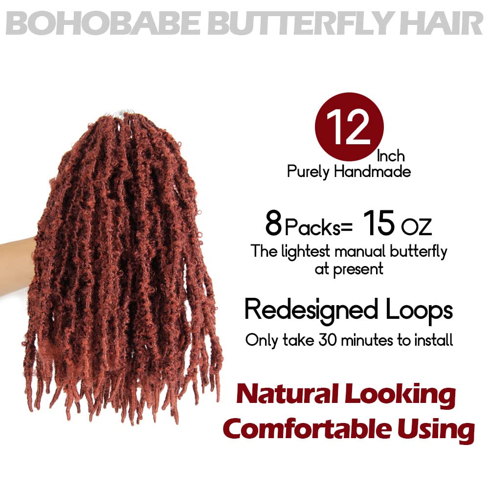 8 Packs Light Weight Butterfly Locs Crochet Hair 12 Inch Butterfly Faux Locs Crochet Hair Short Ginger Red Distressed Butterfly Locs, 350#