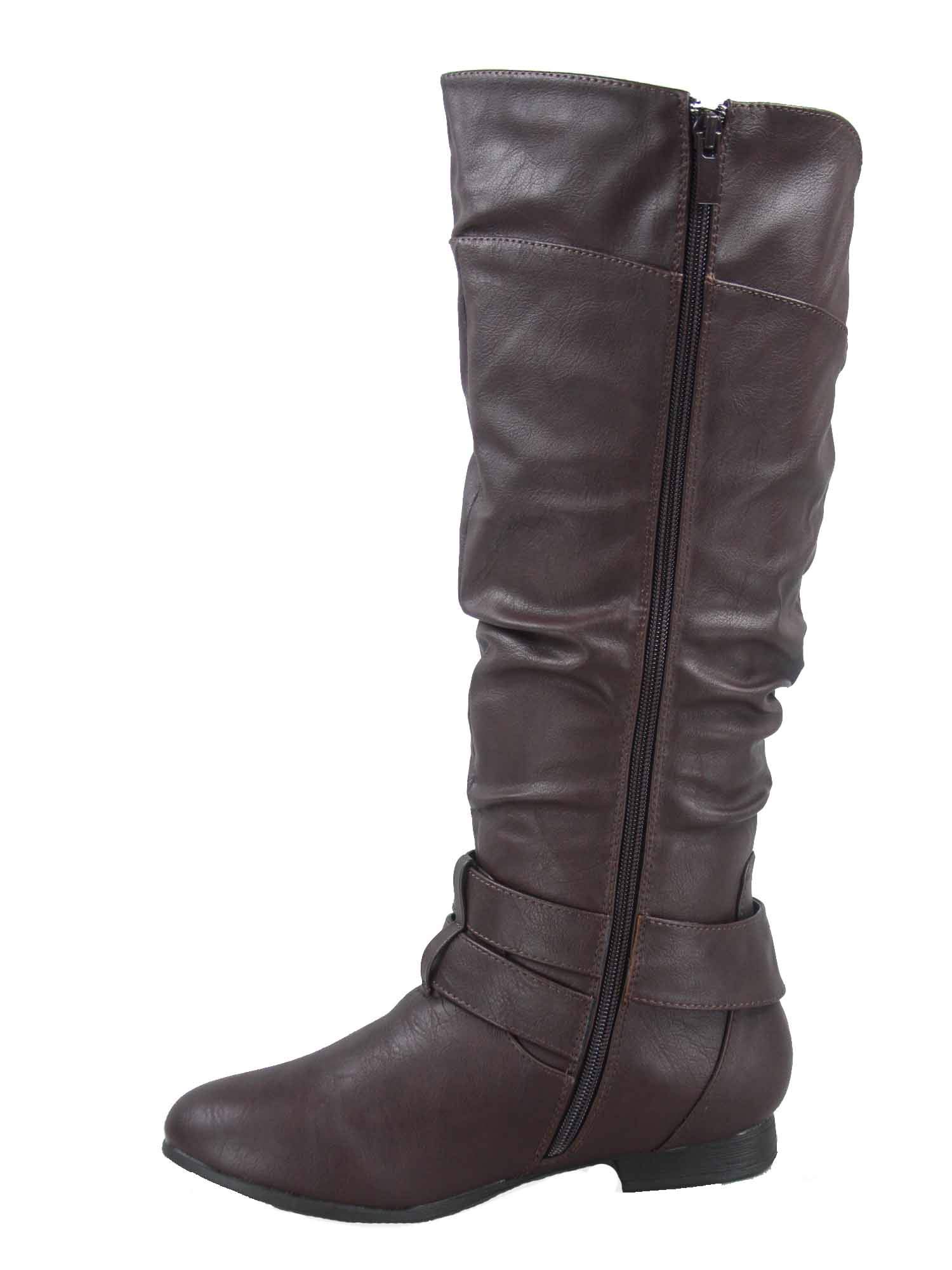 Top ModaCoco-20 Women's Fashion Round Toe Low Heel Knee High Zipper Riding Boot Shoes, Brown