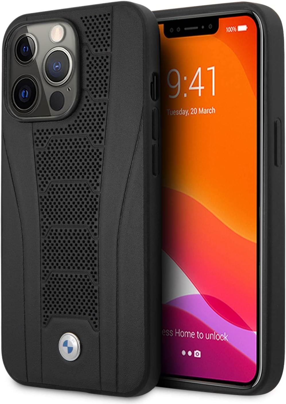 BMW CG Mobile BMW Real Leather Hard Case Seat Pattern Tone On Tone Perforations Debossed Lines For iPhone 13 Pro (6.1") - Black