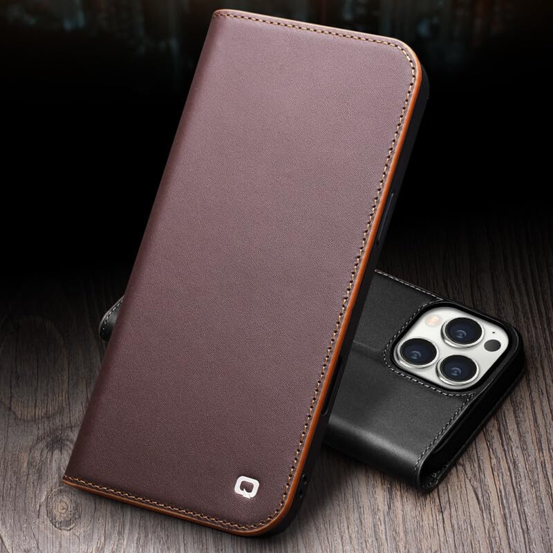 Étui iPhone 16 Pro marron à rabat magnétique, housse en cuir véritable uni