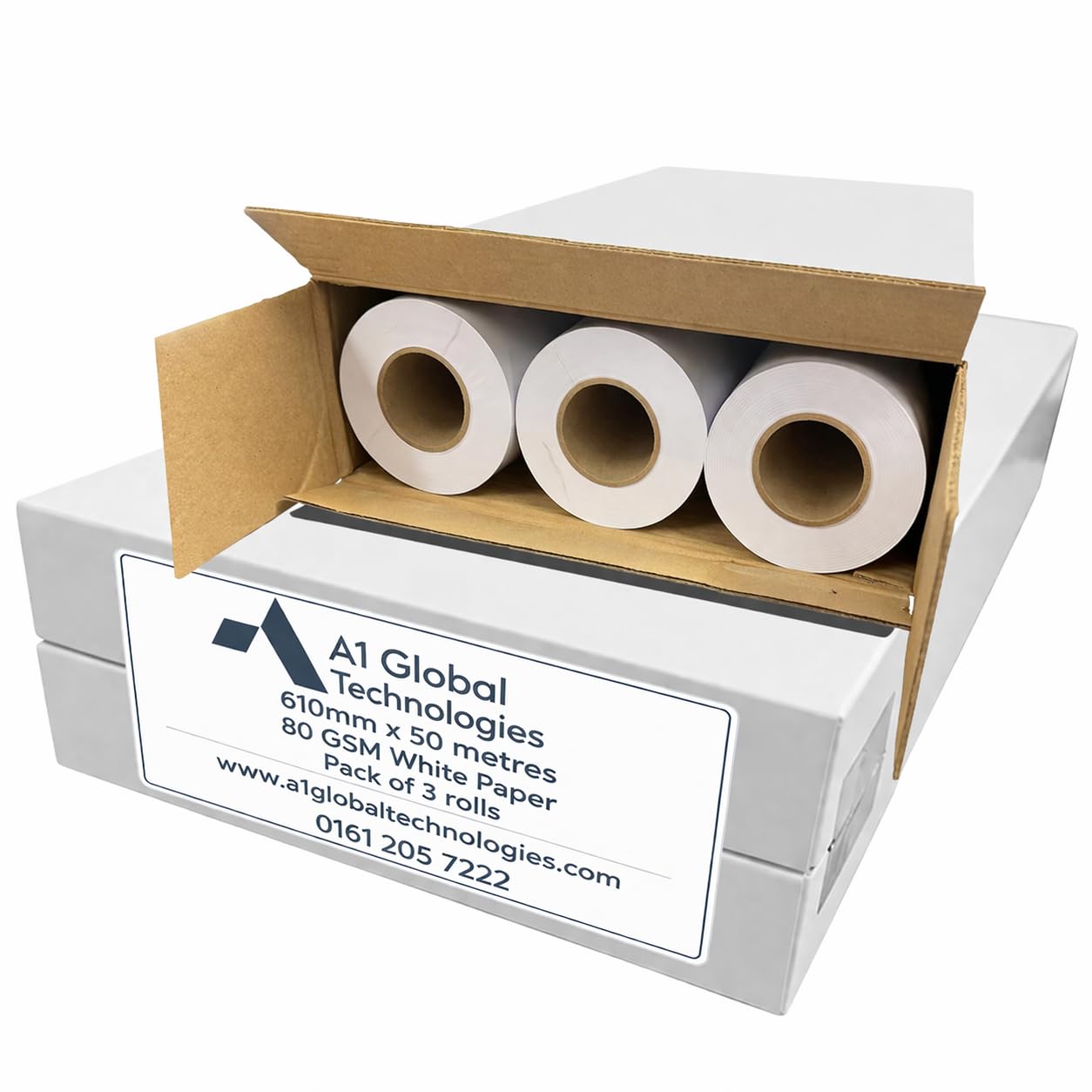 3 Rolls of Bright White Plotter Paper Rolls- 610 mm x 50 m, 80 gram. A1 Drawing roll. A1 Paper. Large & Wide Format Paper. 61 cm x 50 metres. 80 GSM. Manchester Based. 30 Years Plotter Paper Trading.