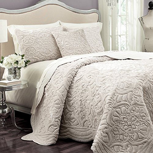 Vue Plush Decor Modern Glam Floral 3-Piece Quilt Bedding Coverlet Set, King, Ivory #TOP1