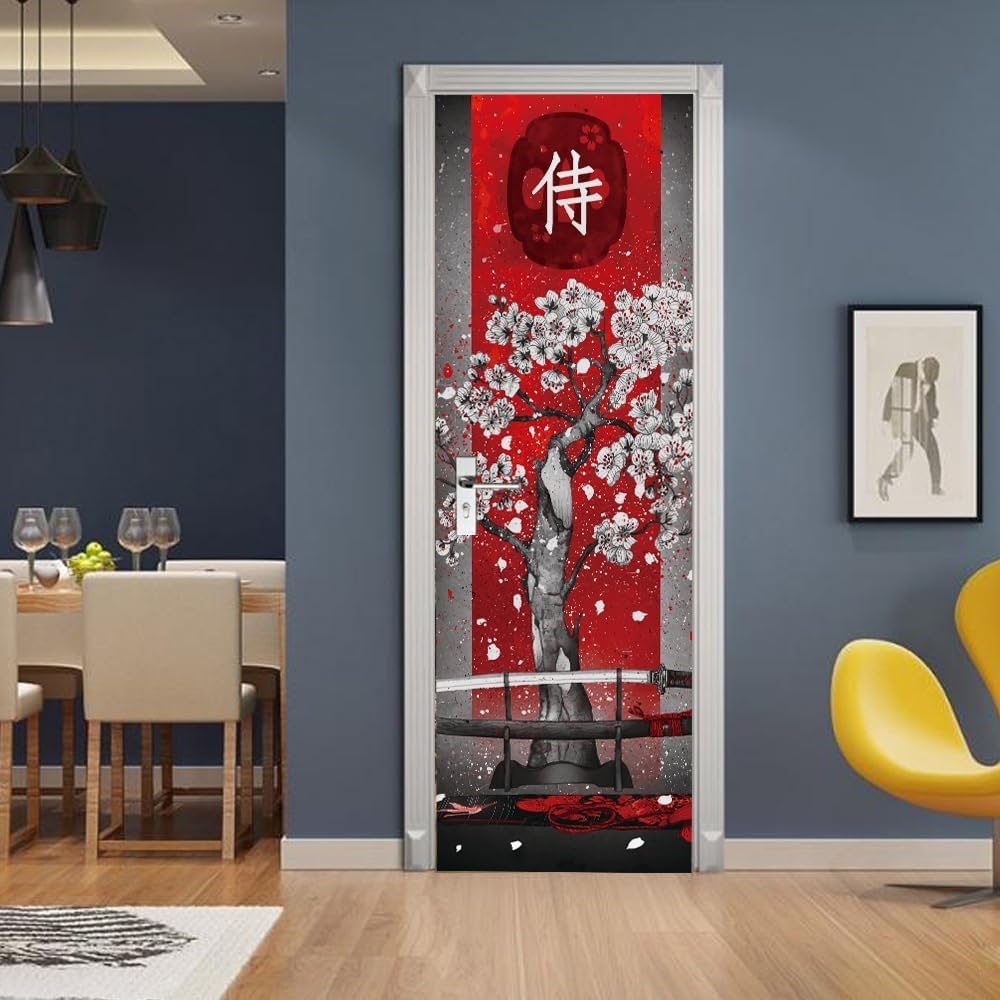 Adesivi per Porte Interne Stile Giapponese Adesivo Porta 3D Rosso Stile Giapponese Autoadesiva Carta Parati 85x200 cm Decorazione da Parete Poster Murale per Soggiorno Camera da letto a4300