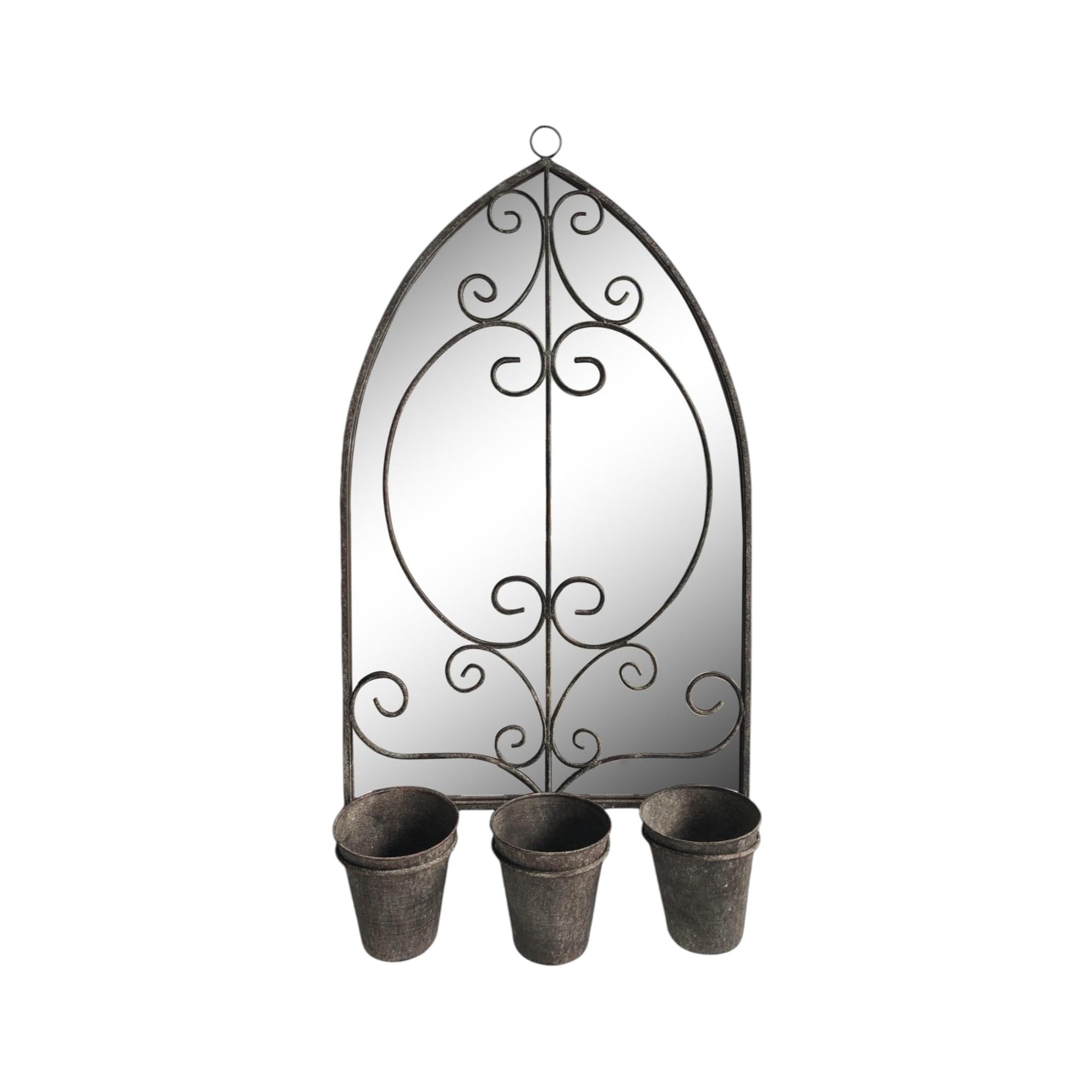 AcaciaHome Vintage Rusty Metal Wall Mirror with Triple Planter 3 Pots Holder - 70cm Arch Design, Indoor/Outdoor Large Garden & Patio Décor for Living & Garden Spaces (1, Floral Framed)