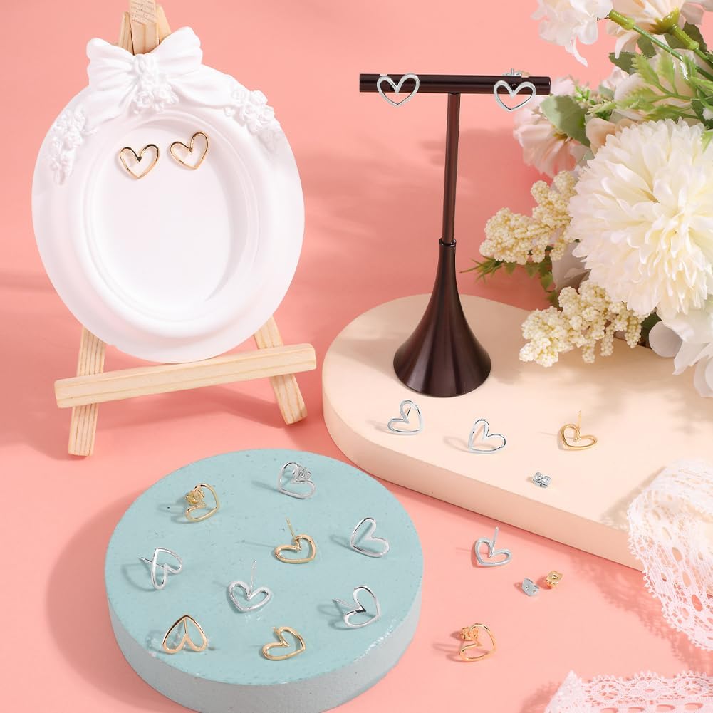 Beebeecraft 20Pcs 2 Colors Heart Earring Findings 18K Gold & 925 Sterling Silver Plated Brass Hollow Heart Love Stud Earring with Loop for Jewelry Making Valentine's