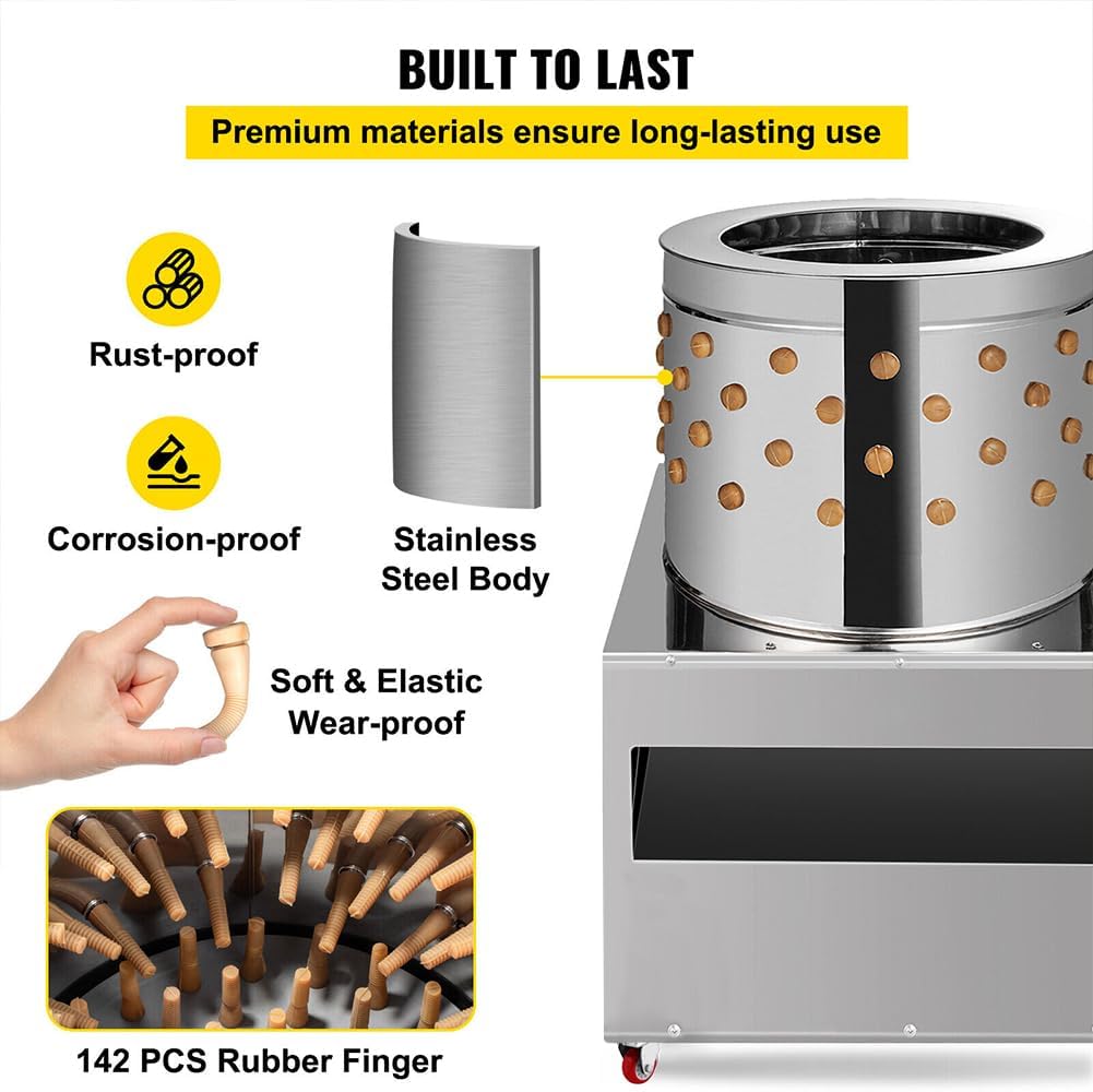 20'' Stainless Steel Chicken Plucker Machine, Plucking Machine De-Feather 1500W 275R/min, Fowl Food Processor Electric, FPPS-JQTMJ-50ZJ0