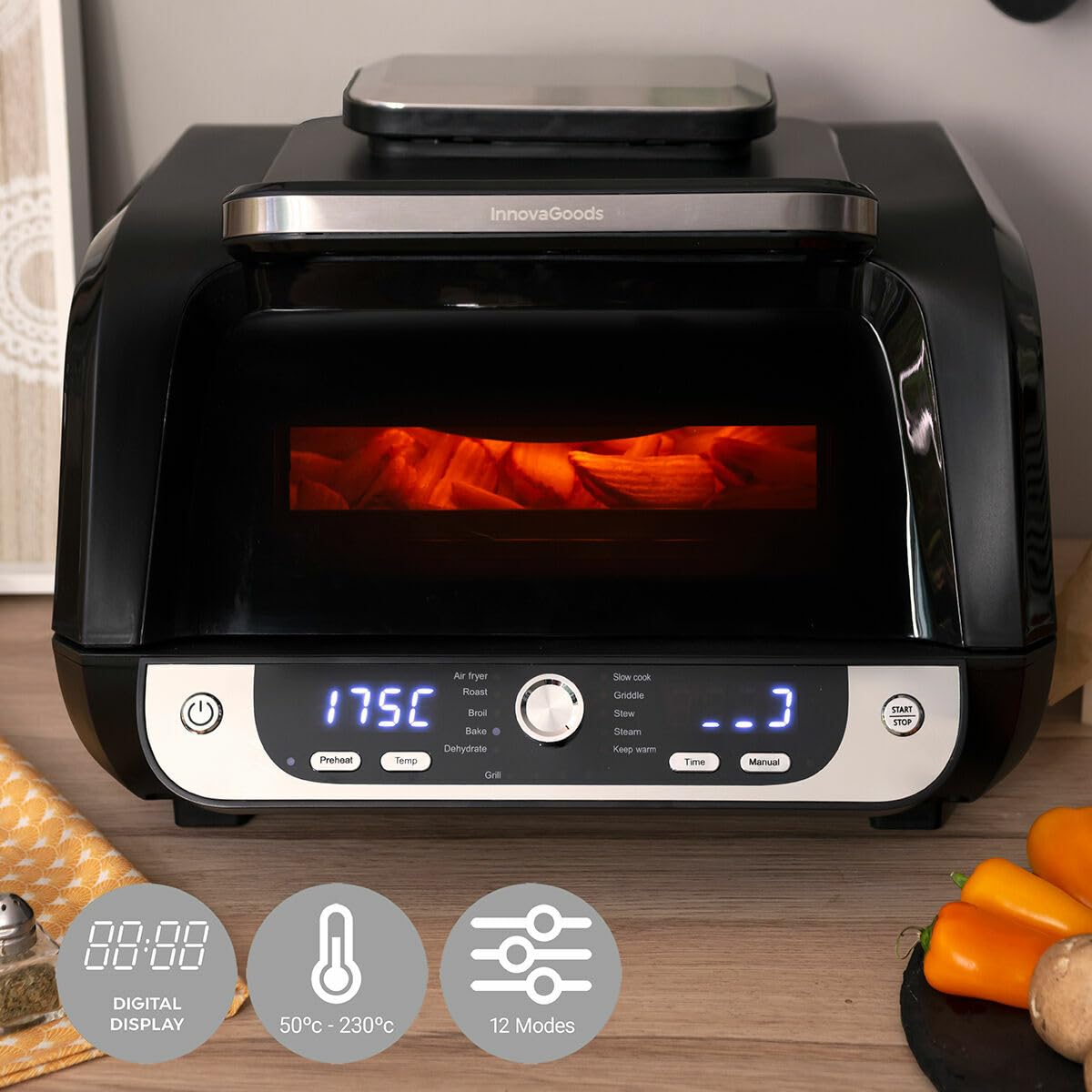 InnovaGoods - Friggitrice ad Aria 12-in-1 Fryinn 6000, Cucina Sana e Veloce 6L 3400W, 12 Programmi con Display Digitale, Accessori Lavabili, Nero, Acciaio inossidabile