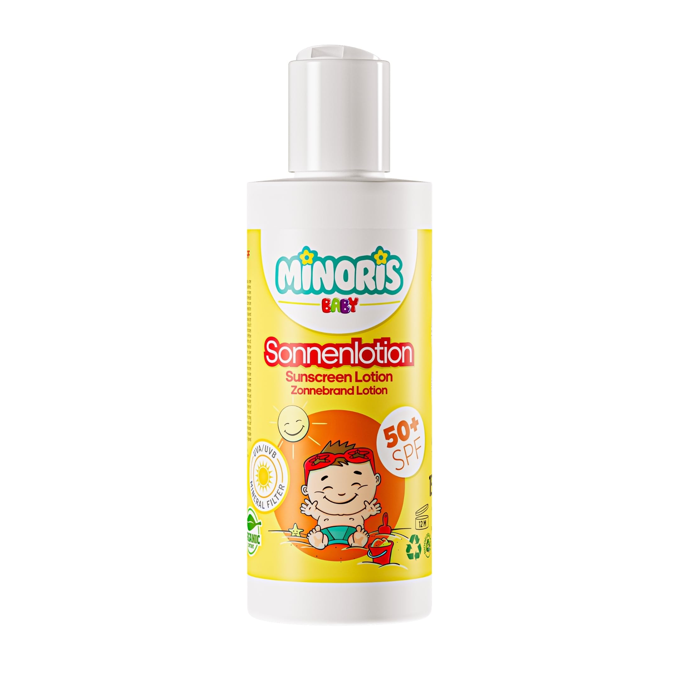 Minoris Baby Loción Solar SPF 50+ 150ml, Mineral para Bebés y Niños, Orgánica y Natural, Protección UVA/UVB, Para Piel Sensible | Vegana, Hipoalergénica, Resistente al Agua, Dermatológicamente Testada
