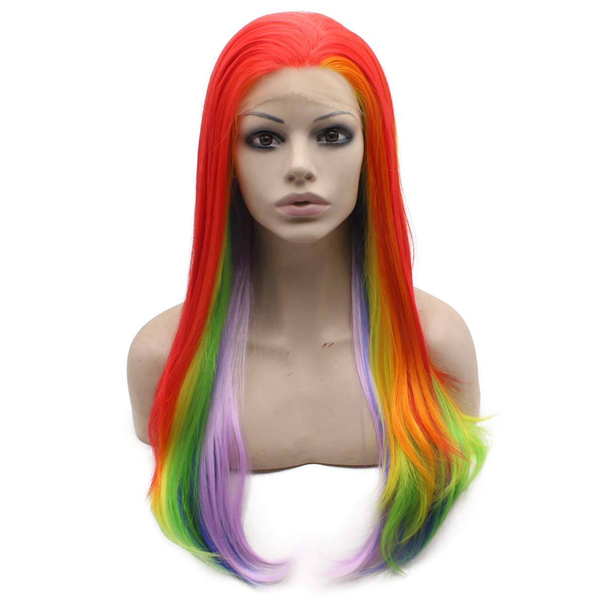 MX angel Long Straight Colorful Rainbow Ombre Heat Friendly Fiber Lace front Cosplay Party Wig