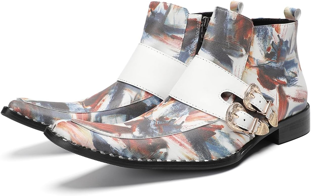 Santimon Men's Top-Grain Leather Ankle Chelsea Boots, Multicolor Abstract Print Dress Western Jodhpur Booties with Side Zipper & Buckle Strap for Parties, Club Nights & Weddings
