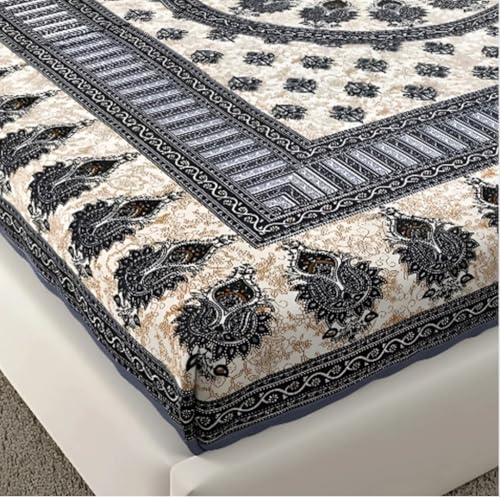 Image of Cotton Bedsheet with 2 Pillow Covers, Blue and Beige Paisley Print, Double Bed, Traditional Rajasthani Design, 235x215 cm, 3 Piece Set