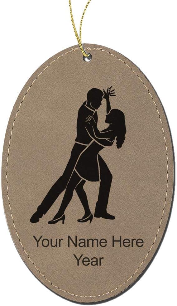 LaserGram Personalized Christmas Ornament, Salsa Dancers, Faux Leather, Custom Laser Engraved Gift Idea (Oval Shape, Light Brown)
