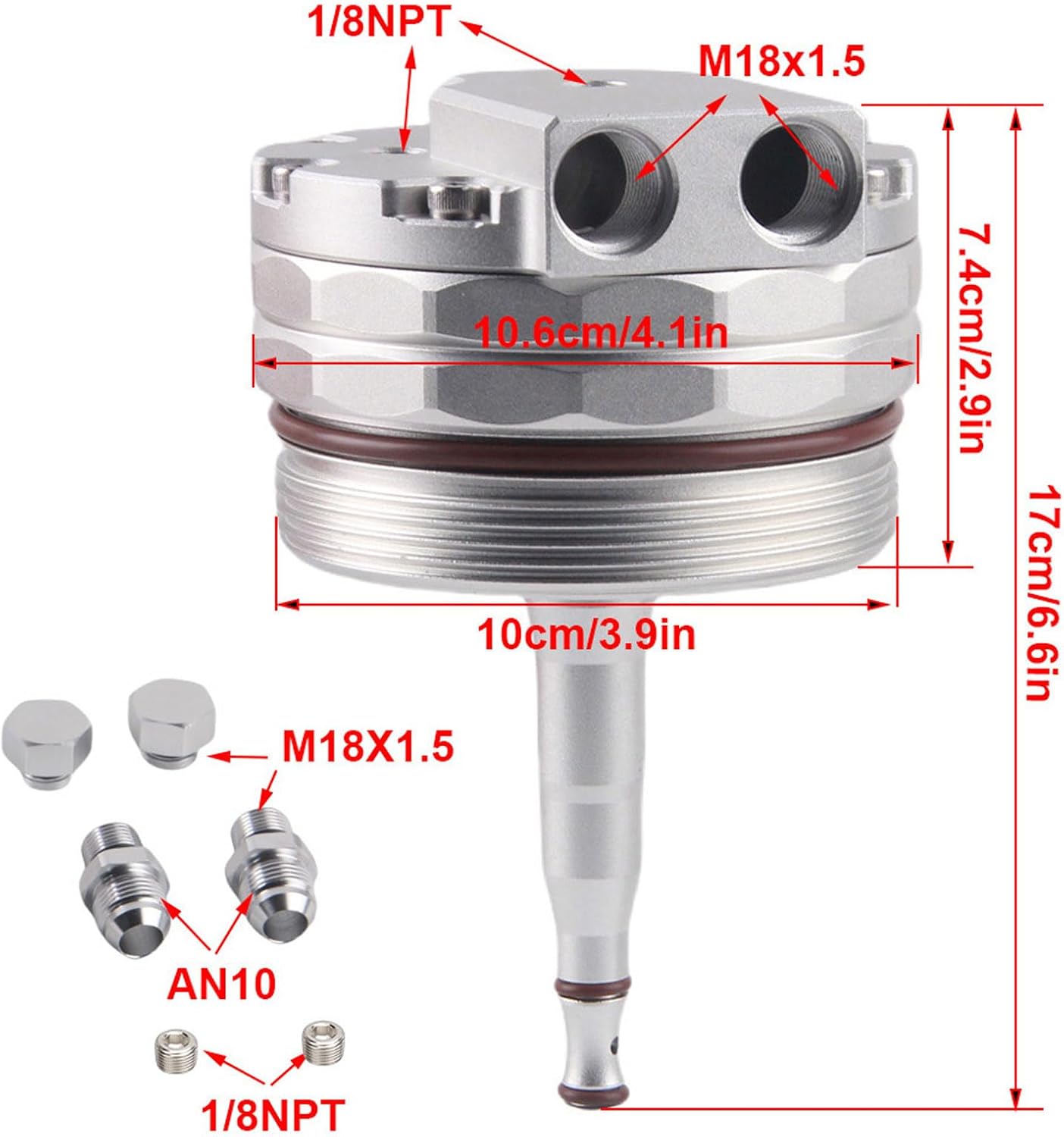 11421744000 AN10 Oil Cooler Filter Lid Cover Cap w/ 1/8" NPT Ports For BMW M52 M54 M56 E46 E39 E60 Replace 11421744000 11421741000, External Oil Cooler Fitting Upgrade (Silver)