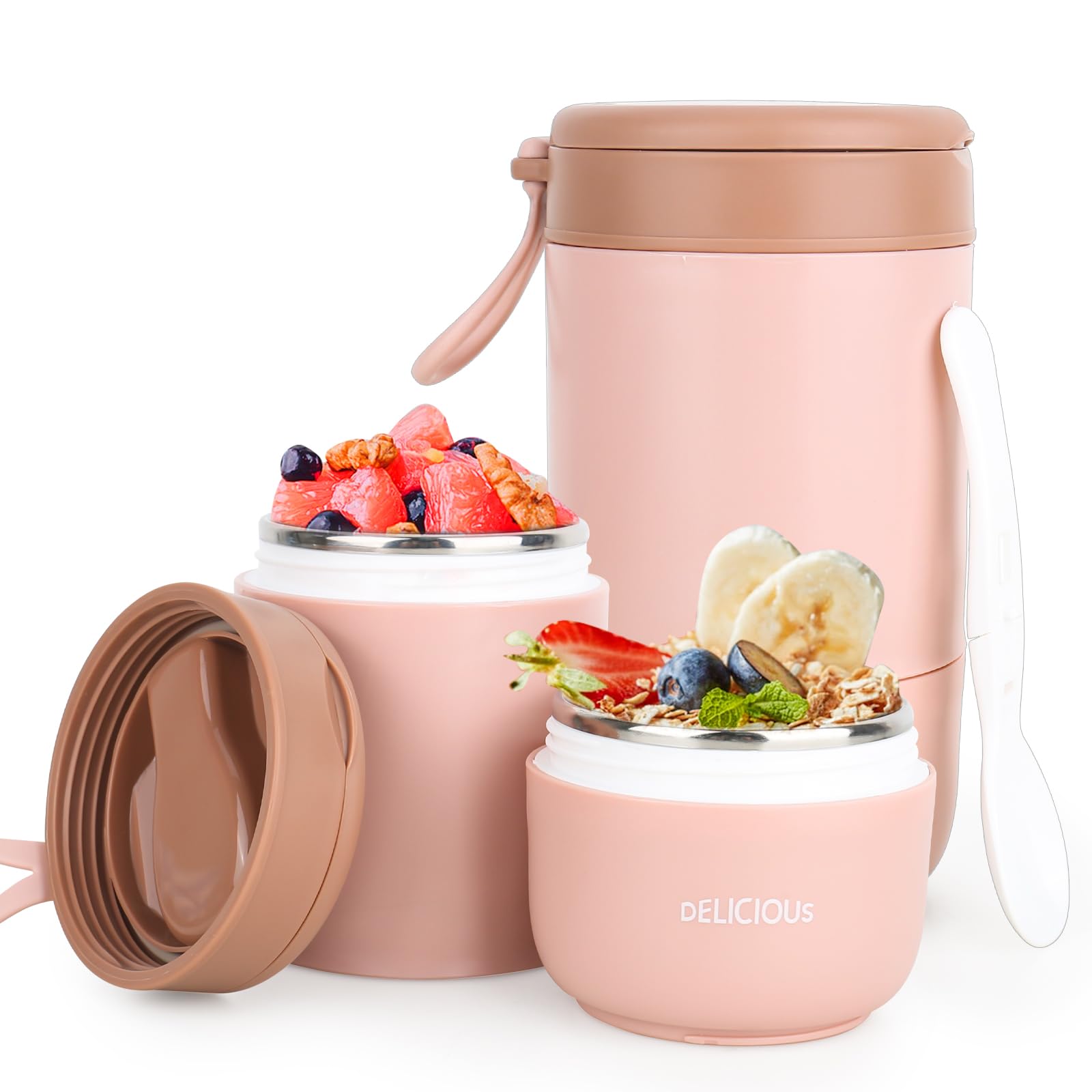Tazza di Muesli, Tazza da Cereali con Cucchiaio, Tazza per Yogurt in Acciaio Inox, Contenitore Termico a Doppio Strato Yogur, Contenitore Termico per Alimenti, Ermetico e Termoisolante(Rosa)