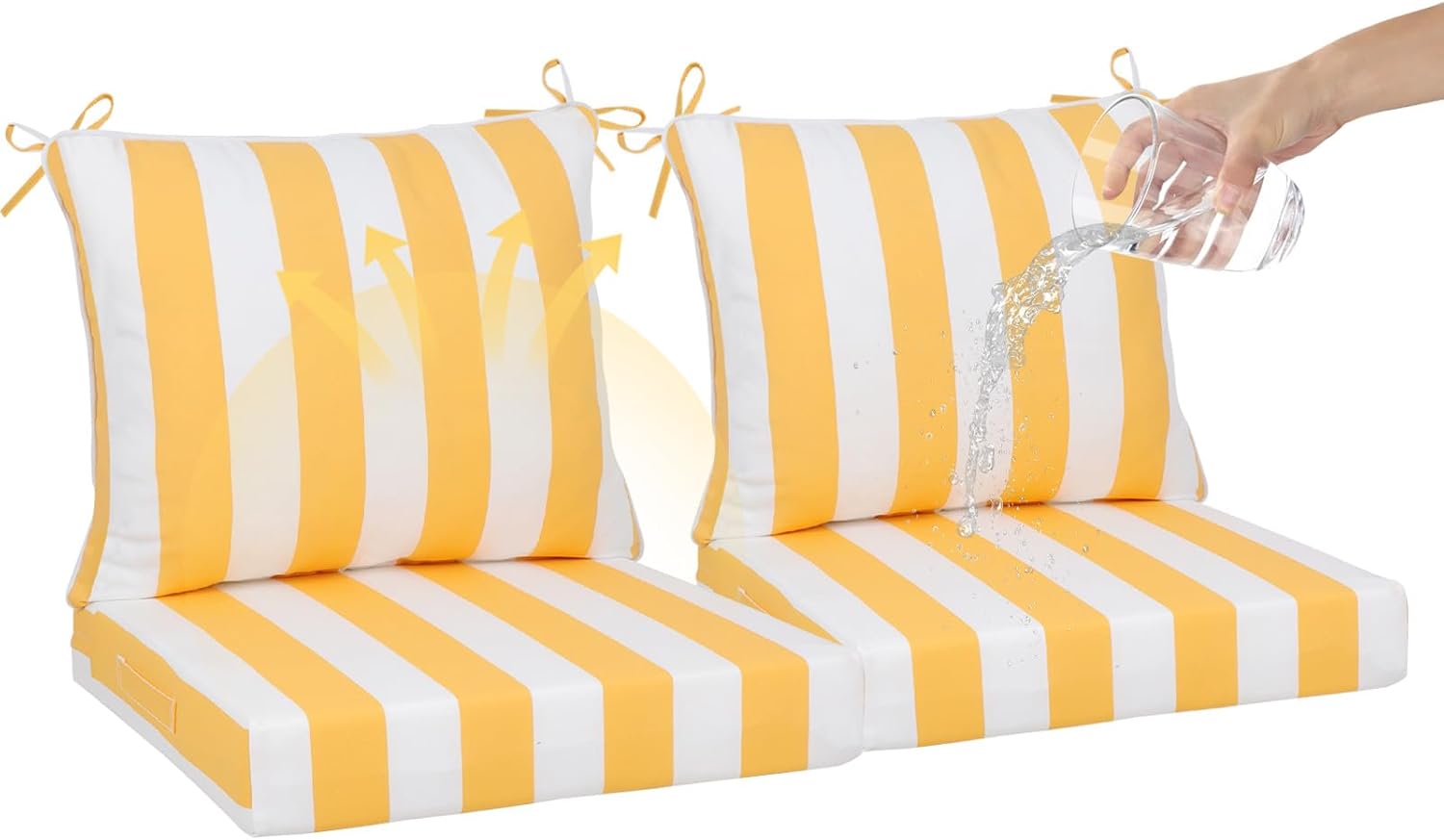 Outdoor Deep Seat Cushions Set, Fade Resistant & Waterproof Outdoor Chair Cushion with Ties, Patio Furniture Seating Cushion for Chair Sofa Couch (2, Yellow White, 24 * 24 * 4.3)