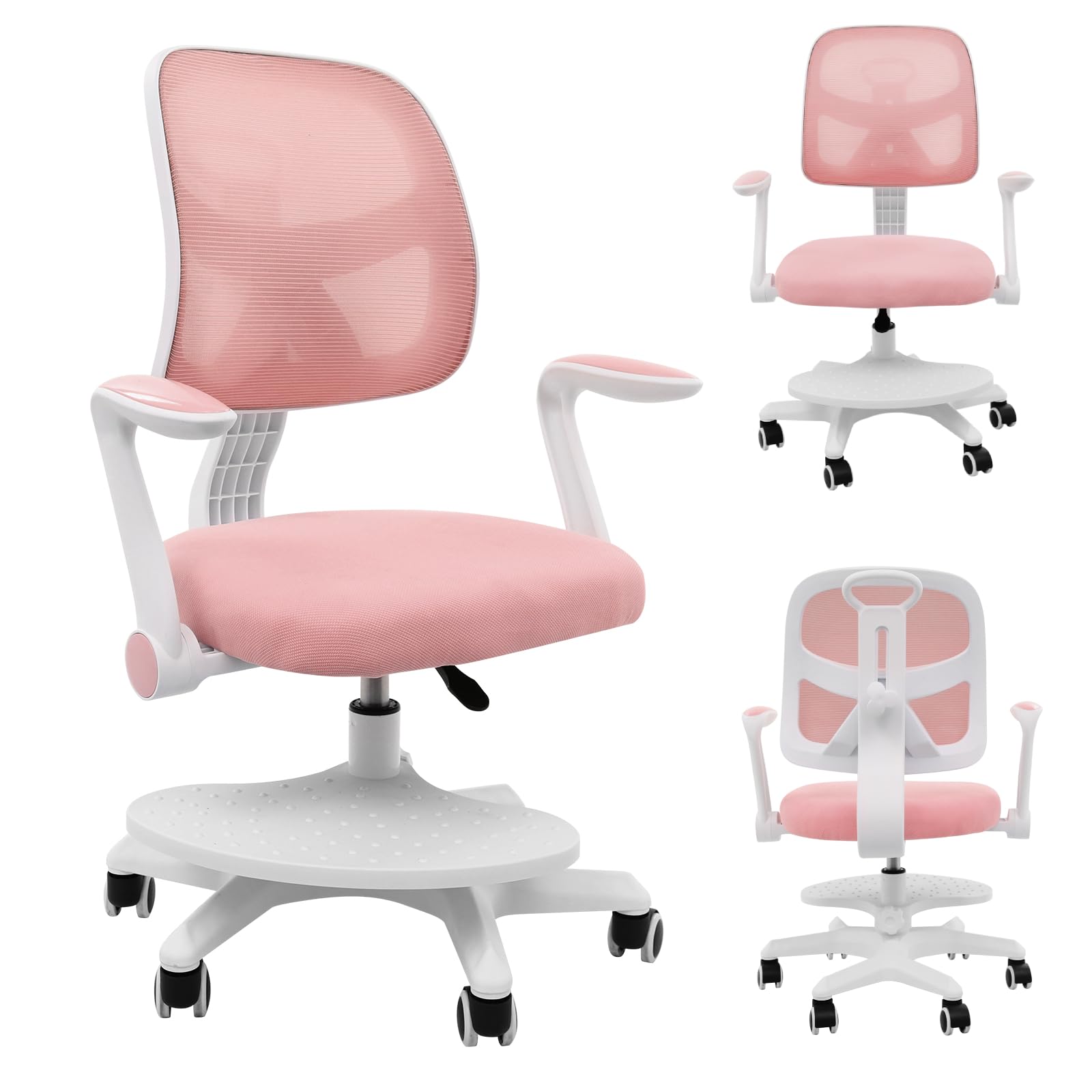 Silla infantil de escritorio giratoria con reposapiés, reposabrazos ajustables, altura regulable, respaldo ajustable, silla de escritorio para niños de 6 a 18 años (rosa)