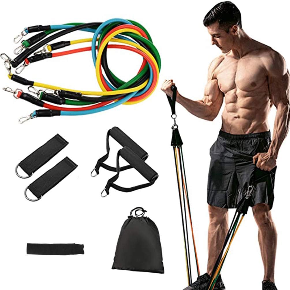 LEMEGO Exercise Resistance Bands Set, [Upgraded Version] Fitness Resistance Bands Set with 5 Fitness Tubes, Handles, Door Anchor, Ankle Straps, Carrying Pouch, Workout Guides for Men Women