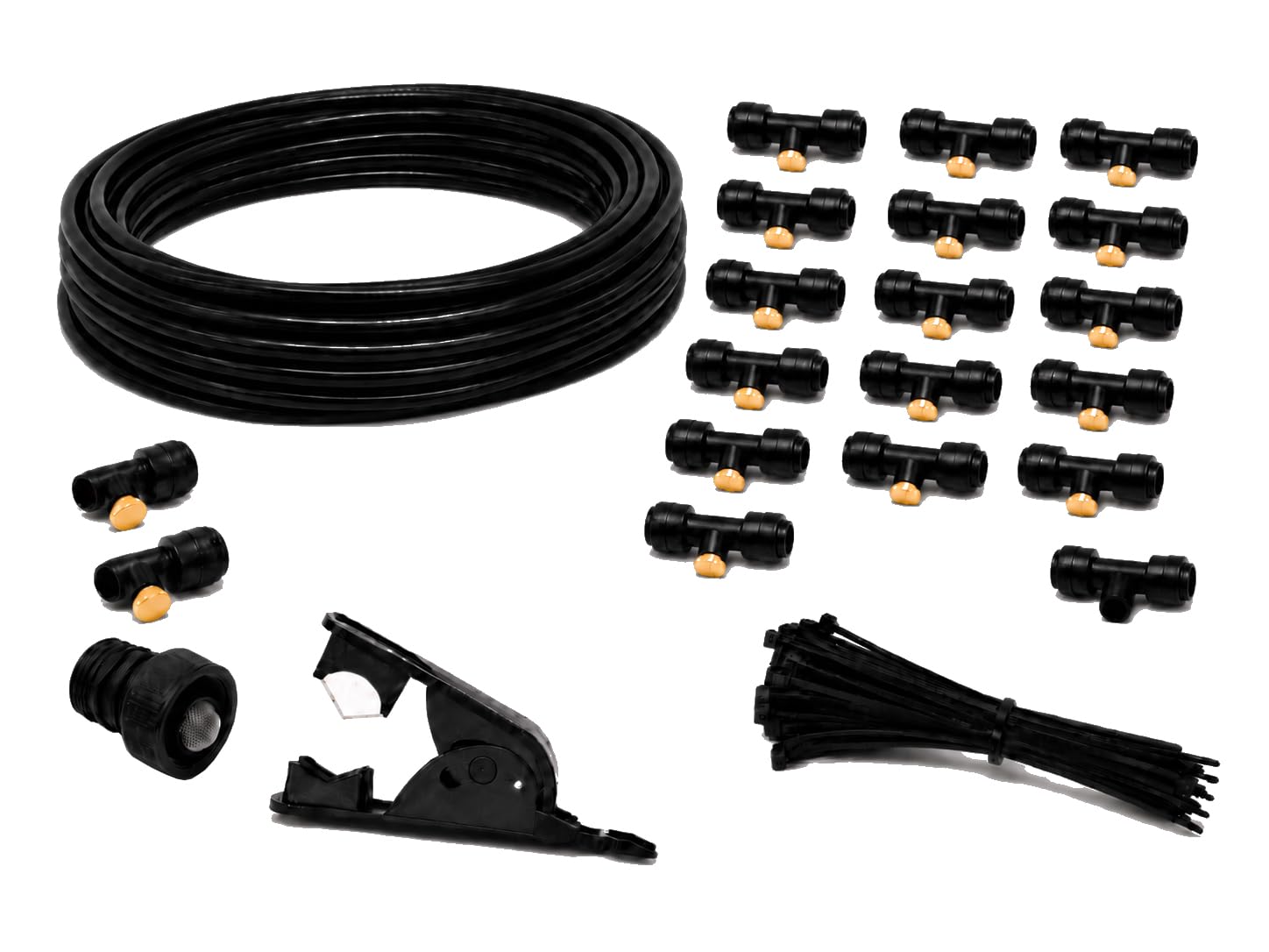 Kit de Nebulizador para Terraza. Compuesto por: 18 Toberas de Latón de enfriamiento, 20 Metros de Tubo Negro, 50 Bridas, 1 Cortatubos, 1 Enlace de grifo y 1 T de Distribución