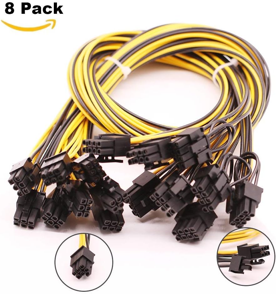LEBOO [8PCS-6 PIN PCIe Express to PCIe 8 (6+2) PIN(27.5 Inch) New18AWG 6pin to 8pin Male to Male Cable for GPU/PSU Breakout Board,GPU Open Rig Mining Ethereum ETH Devices(with 6 Nylon Cable Ties)