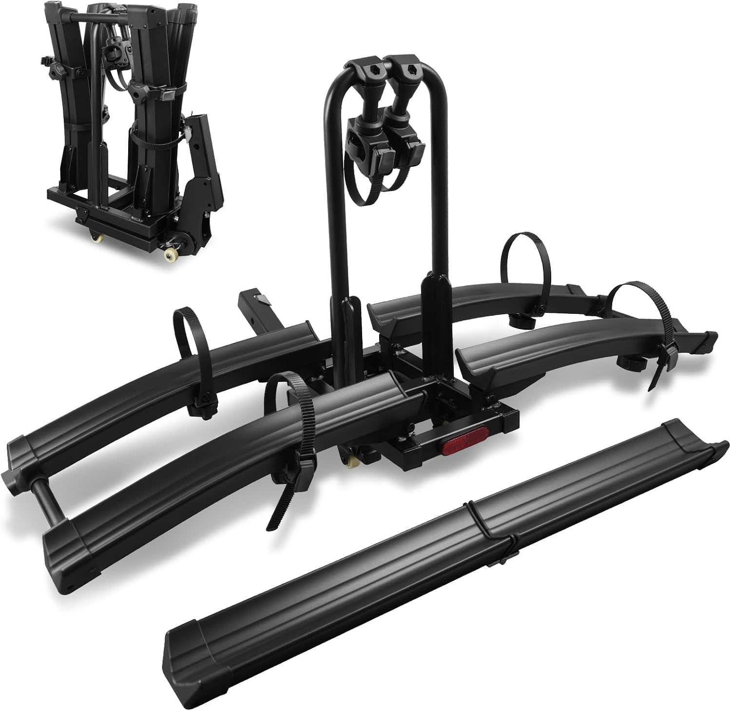 Upgraded E-Bike Rack with Ramp, Heavy Duty 200lbs Capacity Fits 2 E-Bikes, 2" Receiver, Up to 5’’ Fat Tire, with Locks, Foldable & Tilting Platform for Cars, SUVs, Trucks, Wheels for Easy Transport