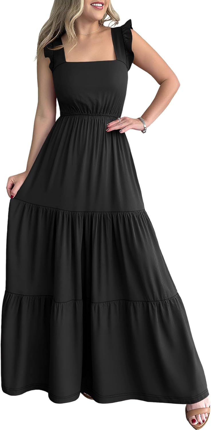 Prinbara Womens Maxi Dress Summer Casual Sleeveless Square Neck Flowy Ruffle Backless Beach 2026 Vacation Boho Long Sundress