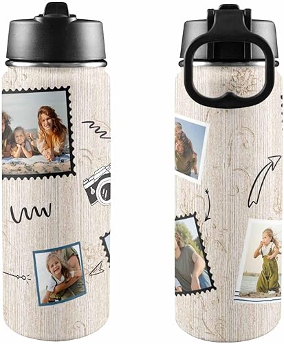Personalized Water Bottles With Straw, Custom Sports Water Bottle with Picture Name Customized Double Wall Vacuum Insulated Cup Gift For Kids Men
