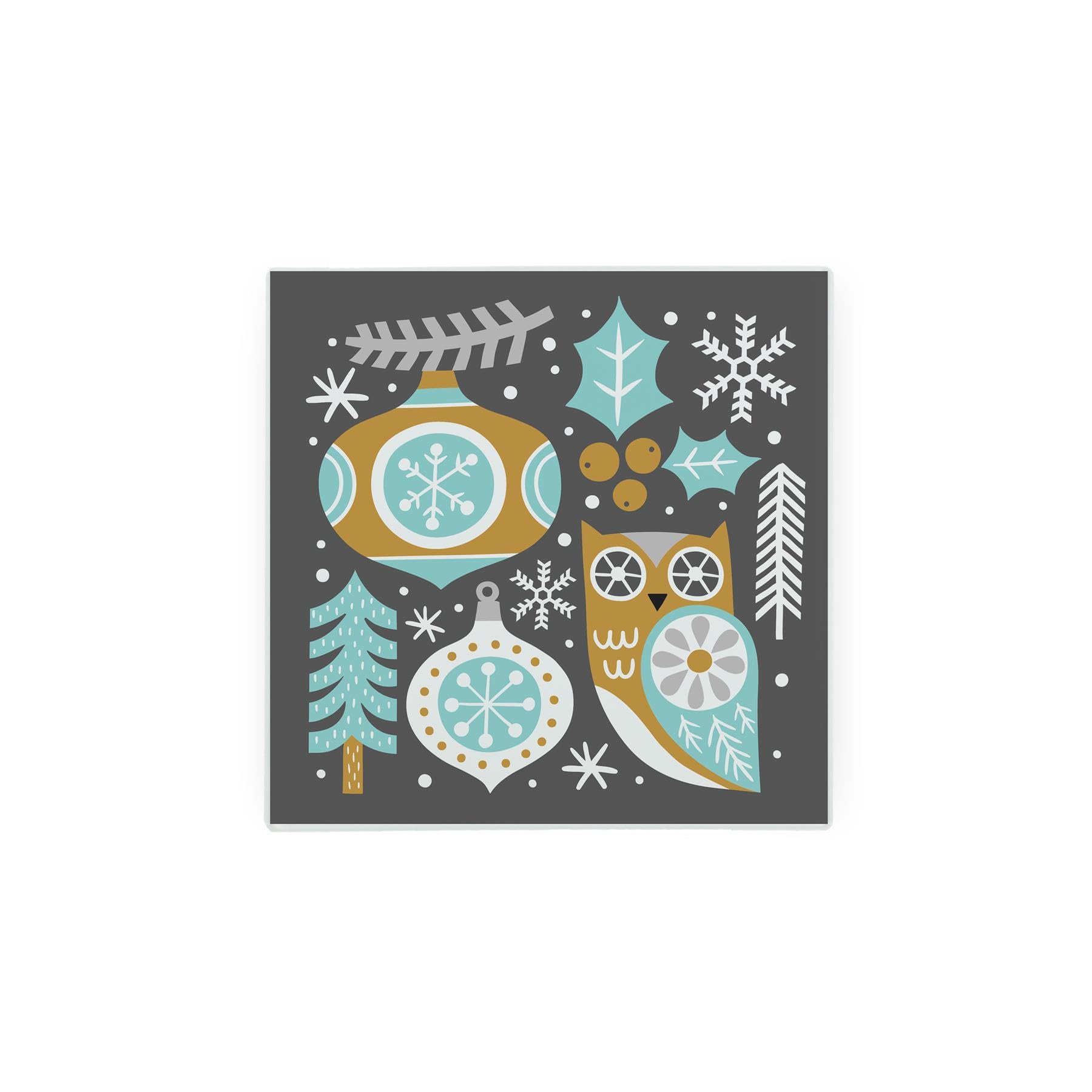 Festive Owl Hot Pot Stand Trivet - Christmas Woodland Animals Glassware Gift/Xmas Present - Small Square Kitchen Chopping/Cutting Board Worktop Protector with Non-Slip Feet 20cm x 20cm (8" x 8")