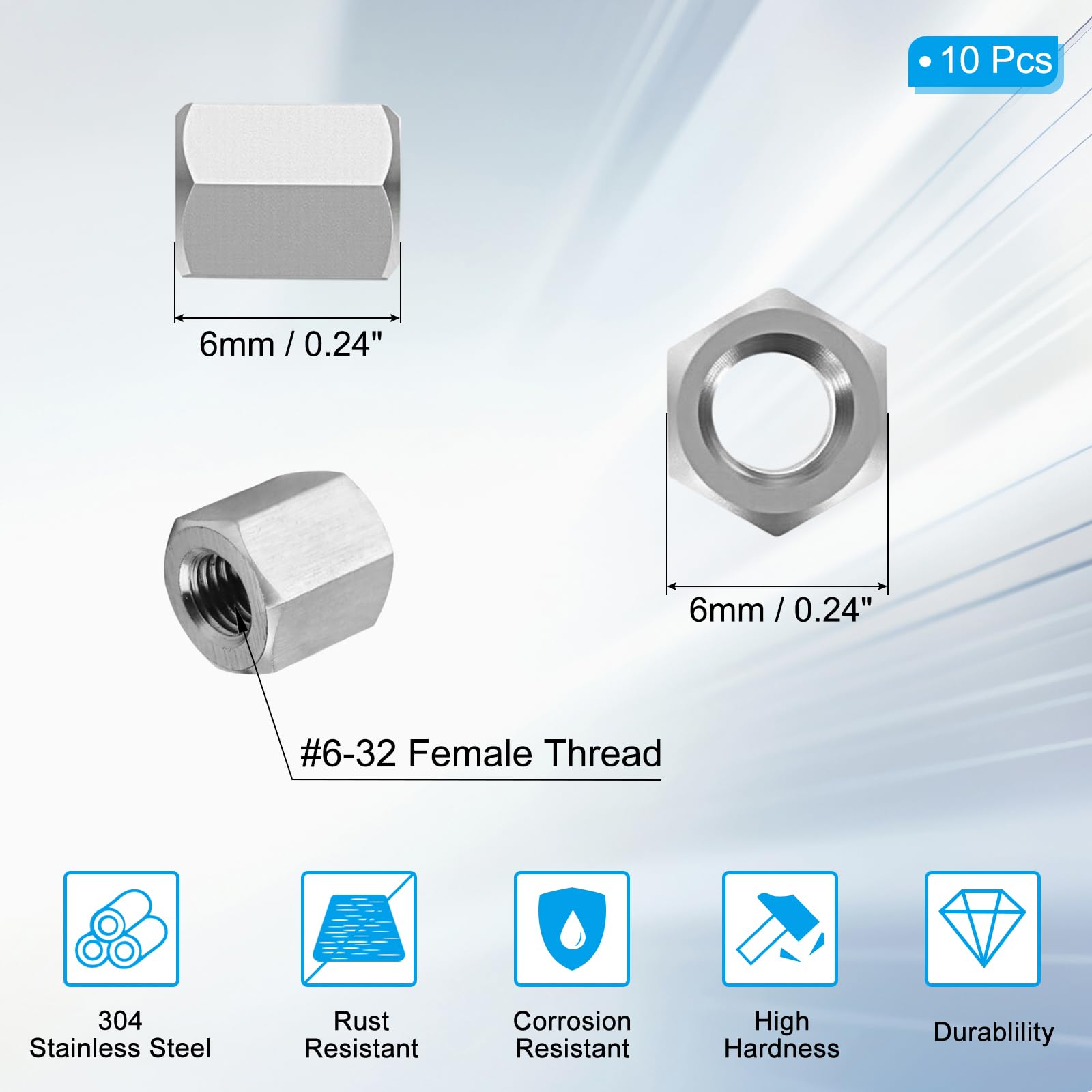PATIKIL 6#-32 UNC 304 Stainless Steel Hex Coupling Nuts - Image 2